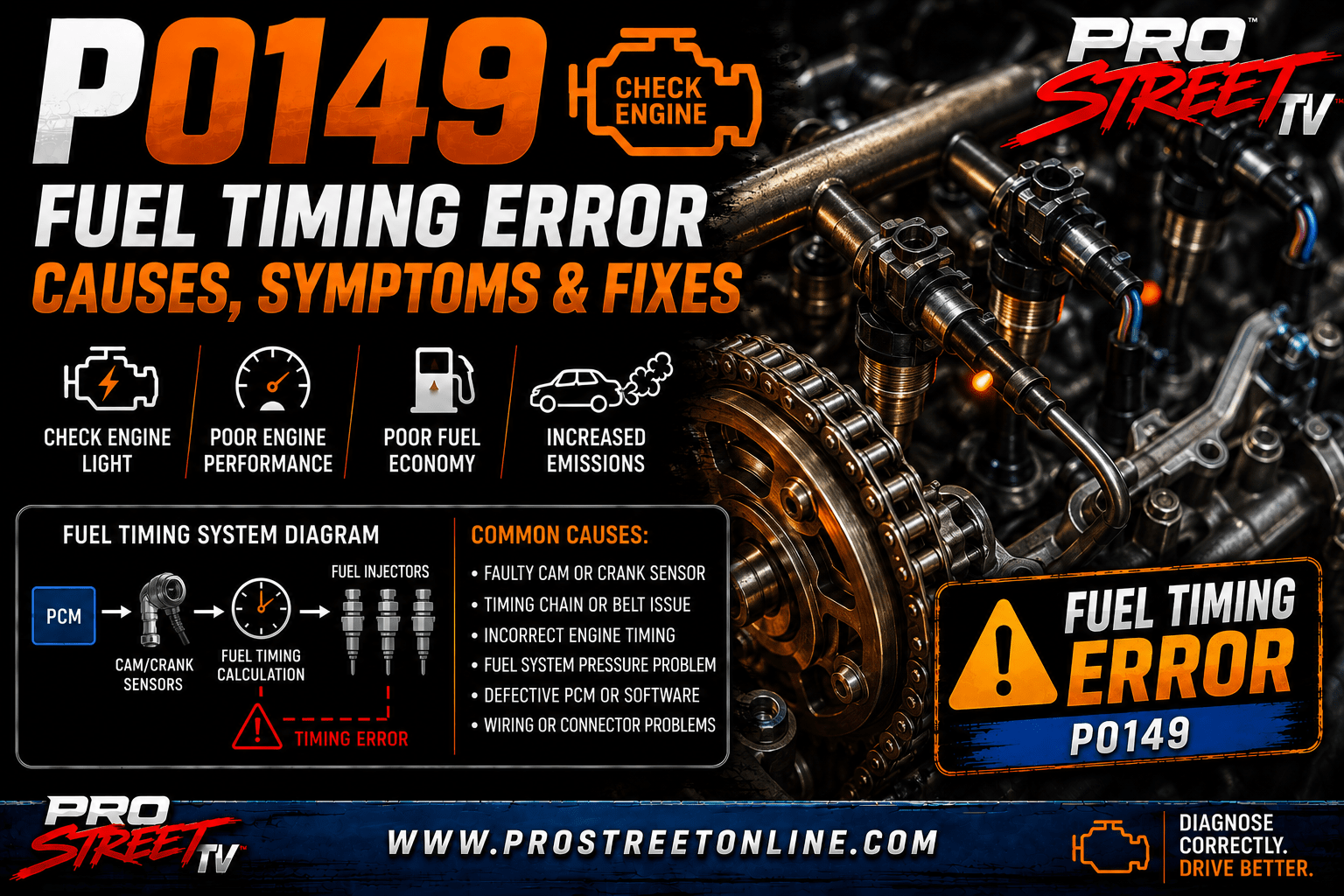 P0149 Fuel Timing Error illustration showing a common rail diesel engine with a high-pressure fuel pump, injectors, timing gears, camshaft and crankshaft sensors, Check Engine Light, Pro Street TV logo, and www.ProStreetOnline.com.