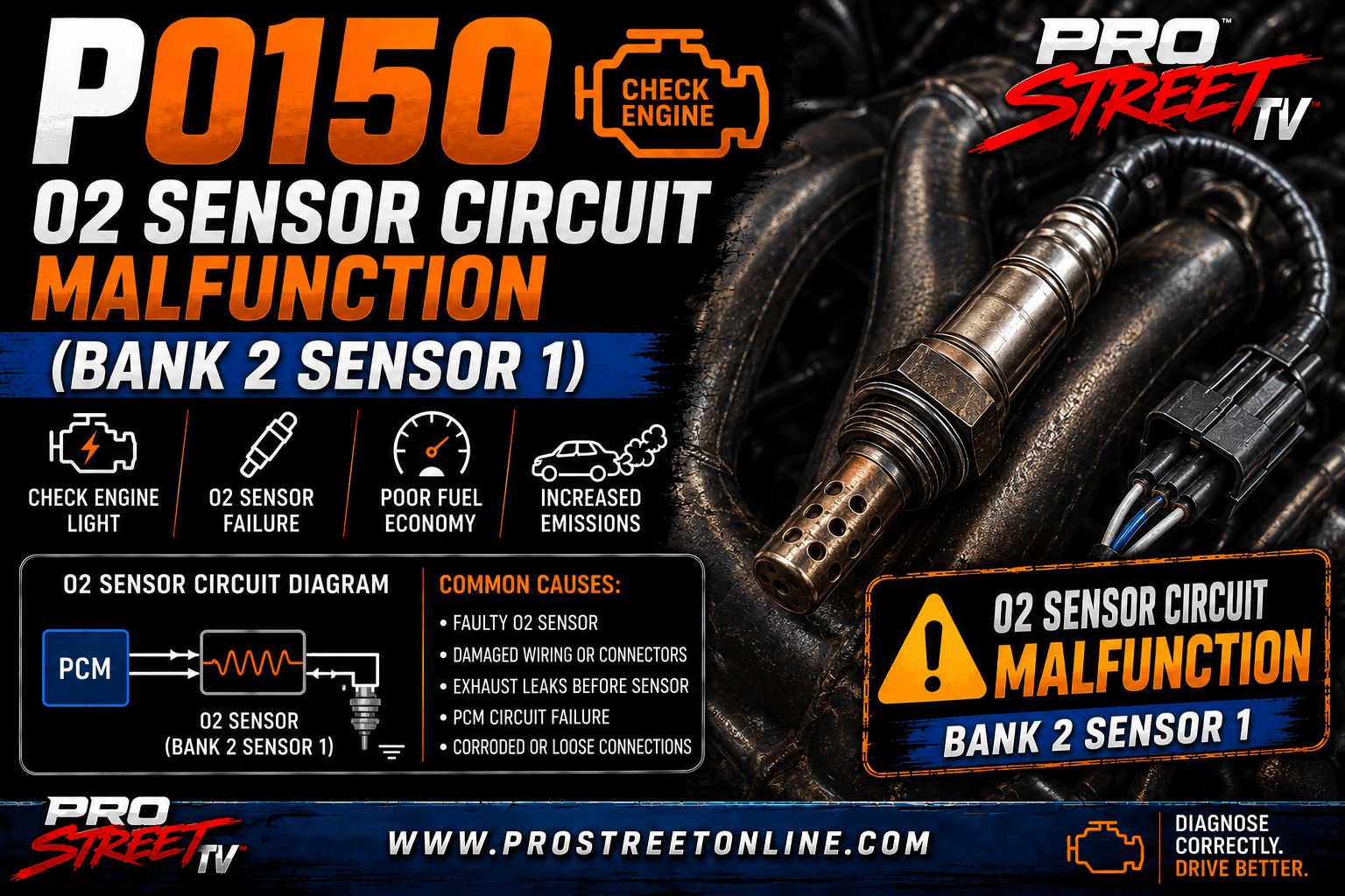 P0150 code illustration showing the Bank 2 Sensor 1 upstream oxygen sensor, signal wiring, Check Engine Light, Pro Street TV logo, and www.ProStreetOnline.com.