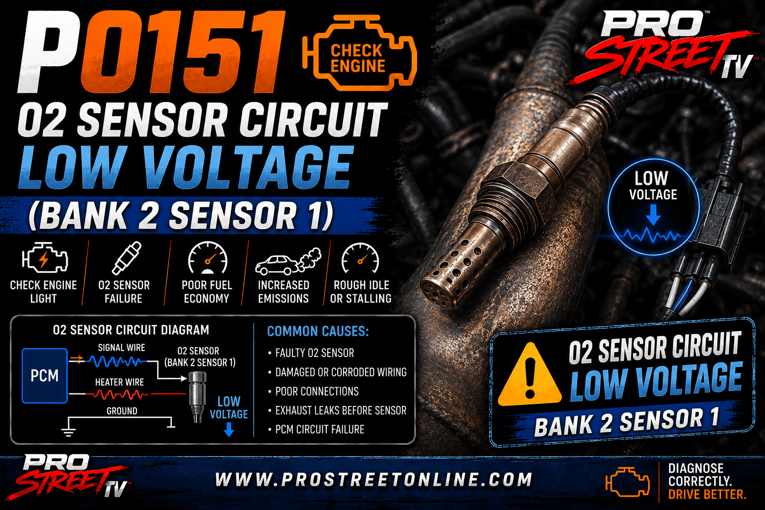 P0151 code illustration showing the Bank 2 Sensor 1 upstream oxygen sensor displaying a low-voltage signal, lean exhaust condition, Check Engine Light, Pro Street TV logo, and www.ProStreetOnline.com.