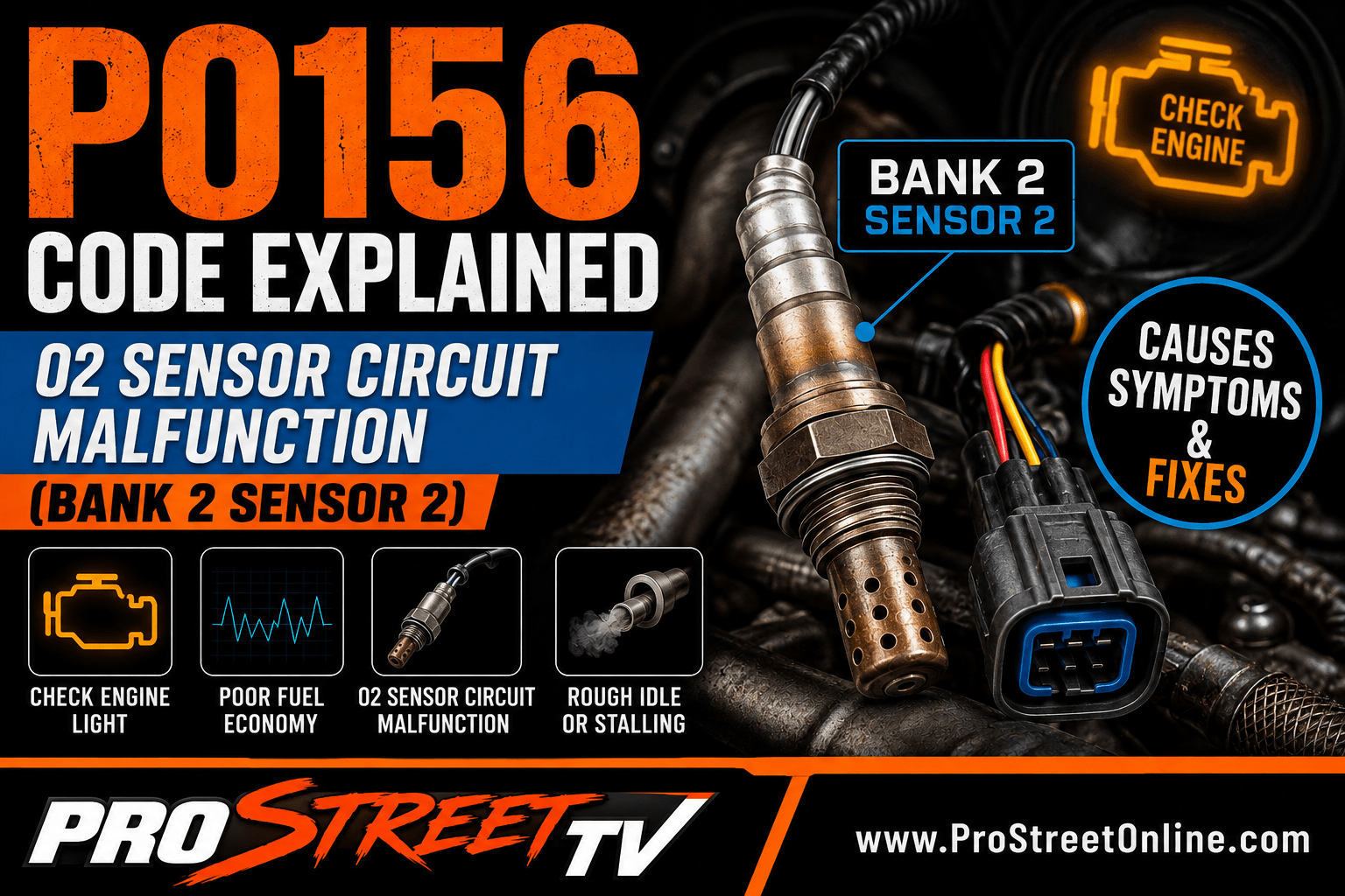 P0156 code illustration showing the Bank 2 Sensor 2 downstream oxygen sensor, catalytic converter, electrical circuit warning, Check Engine Light, Pro Street TV logo, and www.ProStreetOnline.com.