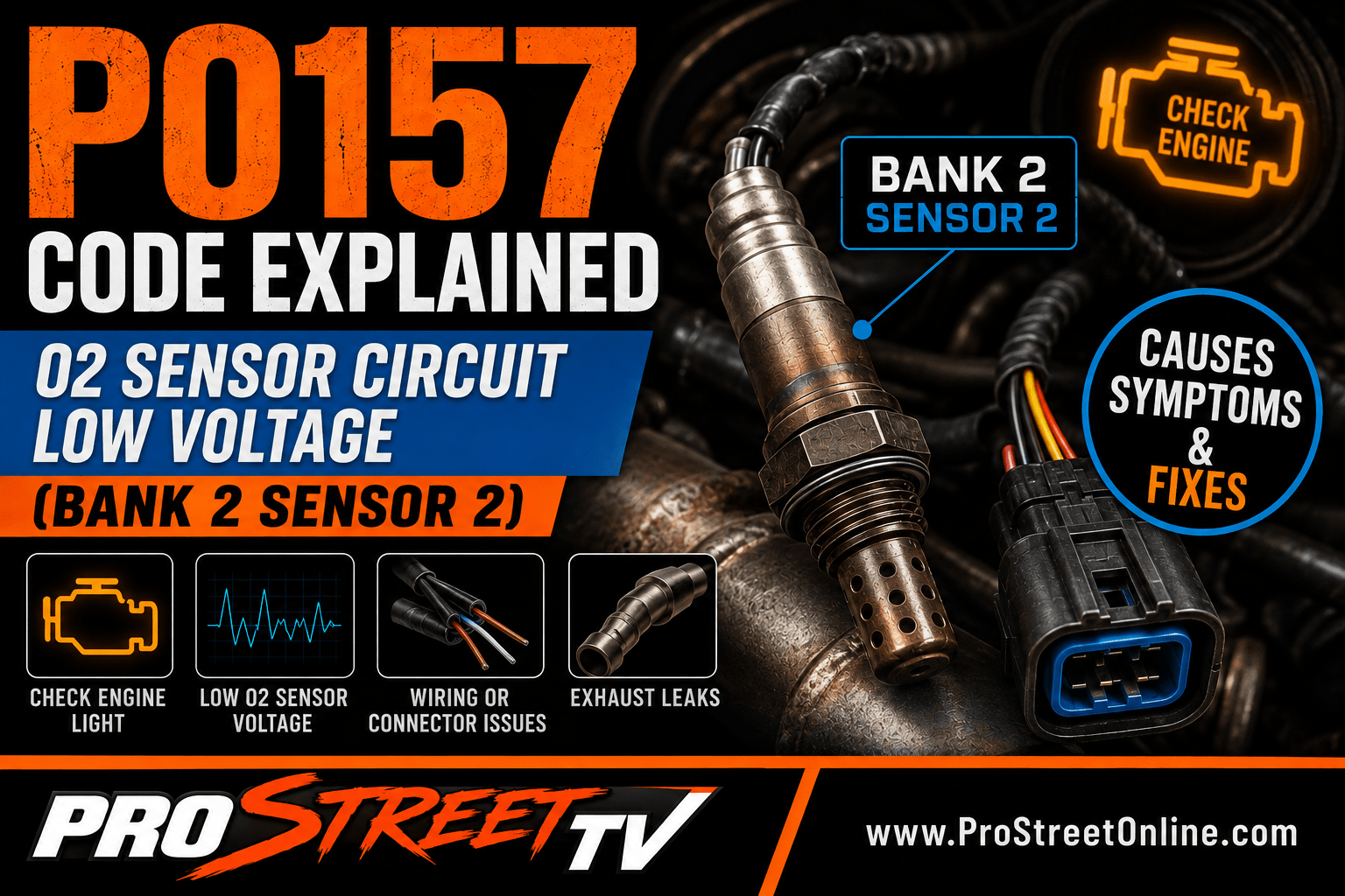 P0157 code illustration showing the Bank 2 Sensor 2 downstream oxygen sensor with a low-voltage warning, catalytic converter, Check Engine Light, Pro Street TV logo, and www.ProStreetOnline.com.