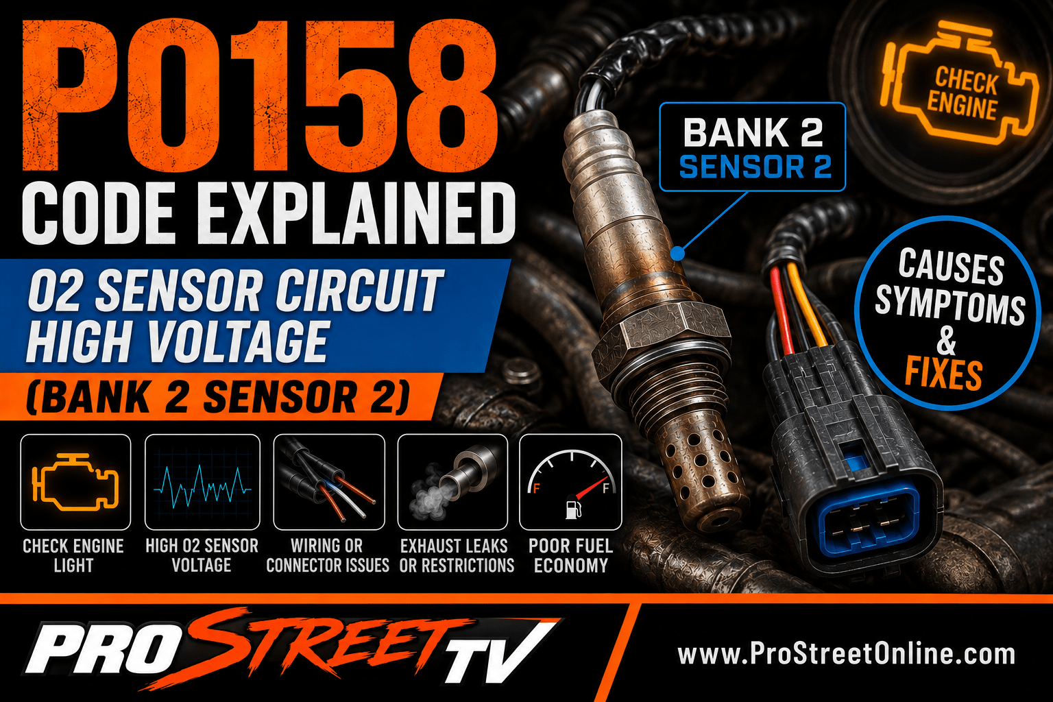 P0158 code illustration showing the Bank 2 Sensor 2 downstream oxygen sensor with a high-voltage warning, catalytic converter, Check Engine Light, Pro Street TV logo, and www.ProStreetOnline.com.