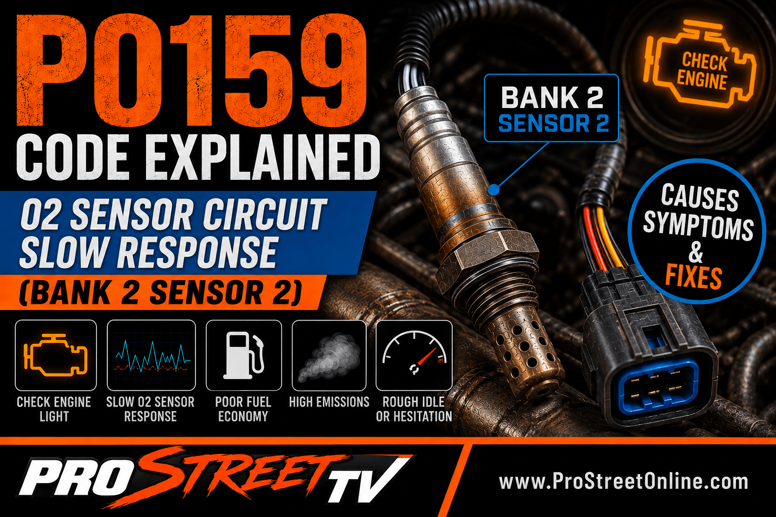 P0159 code illustration showing the Bank 2 Sensor 2 downstream oxygen sensor with a slow-response warning, catalytic converter, Check Engine Light, Pro Street TV logo, and www.ProStreetOnline.com.