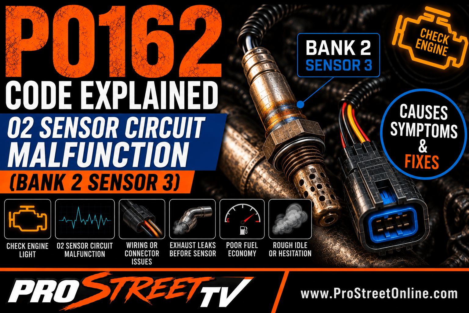 P0162 code illustration showing the Bank 2 Sensor 3 oxygen sensor with an electrical circuit fault warning, secondary catalytic converter, Check Engine Light, Pro Street TV logo, and www.ProStreetOnline.com.