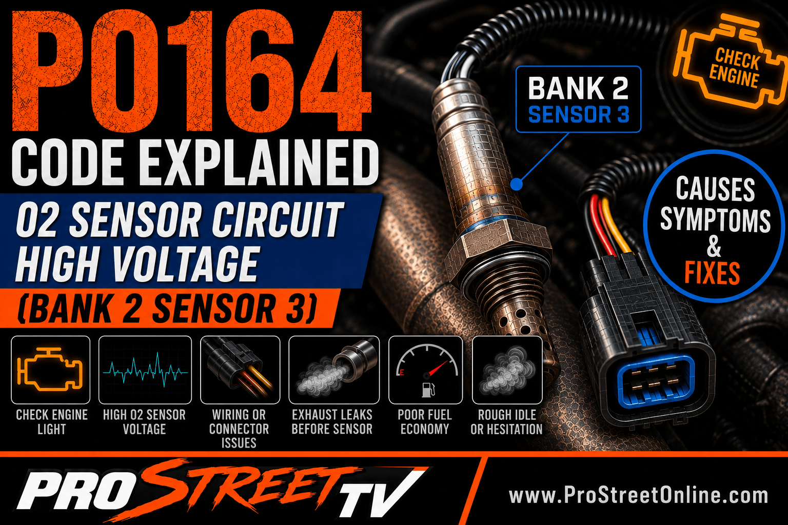 P0164 code illustration showing the Bank 2 Sensor 3 oxygen sensor with a high-voltage warning, secondary catalytic converter, Check Engine Light, Pro Street TV logo, and www.ProStreetOnline.com.