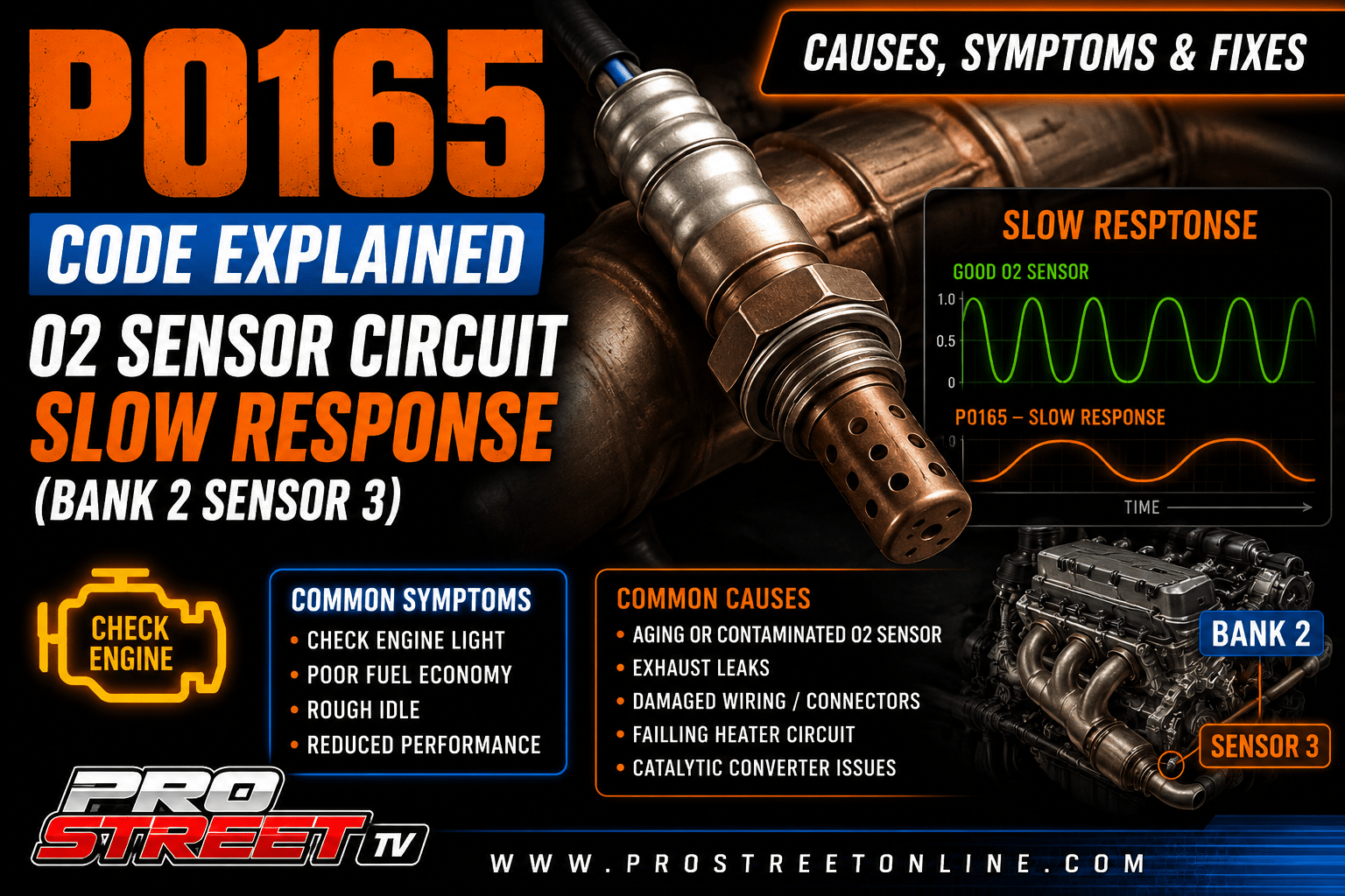 P0165 code illustration showing the Bank 2 Sensor 3 oxygen sensor with a slow-response warning, secondary catalytic converter, Check Engine Light, Pro Street TV logo, and www.ProStreetOnline.com.