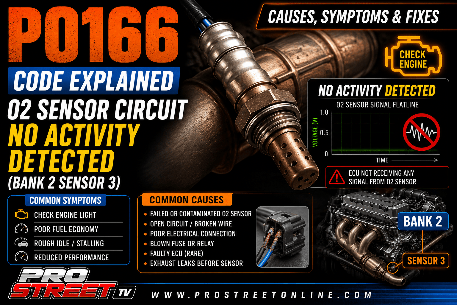 P0166 code illustration showing the Bank 2 Sensor 3 oxygen sensor with a no activity warning, secondary catalytic converter, Check Engine Light, Pro Street TV logo, and www.ProStreetOnline.com.