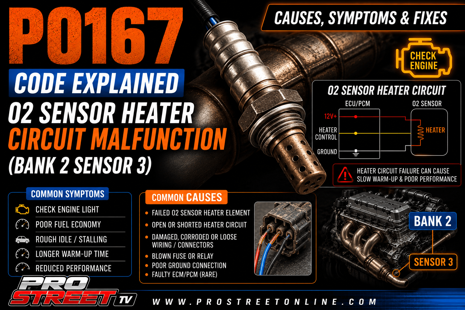 P0167 code illustration showing the Bank 2 Sensor 3 heated oxygen sensor, heater circuit warning, fuse, relay, Check Engine Light, Pro Street TV logo, and www.ProStreetOnline.com.