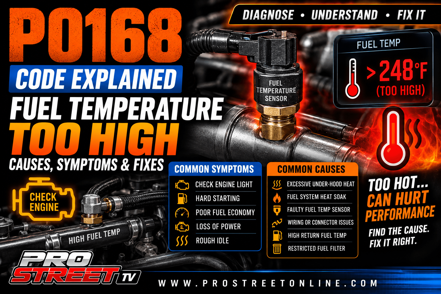P0168 code illustration showing an overheating fuel rail, fuel temperature sensor, high-temperature warning, Check Engine Light, Pro Street TV logo, and www.ProStreetOnline.com.