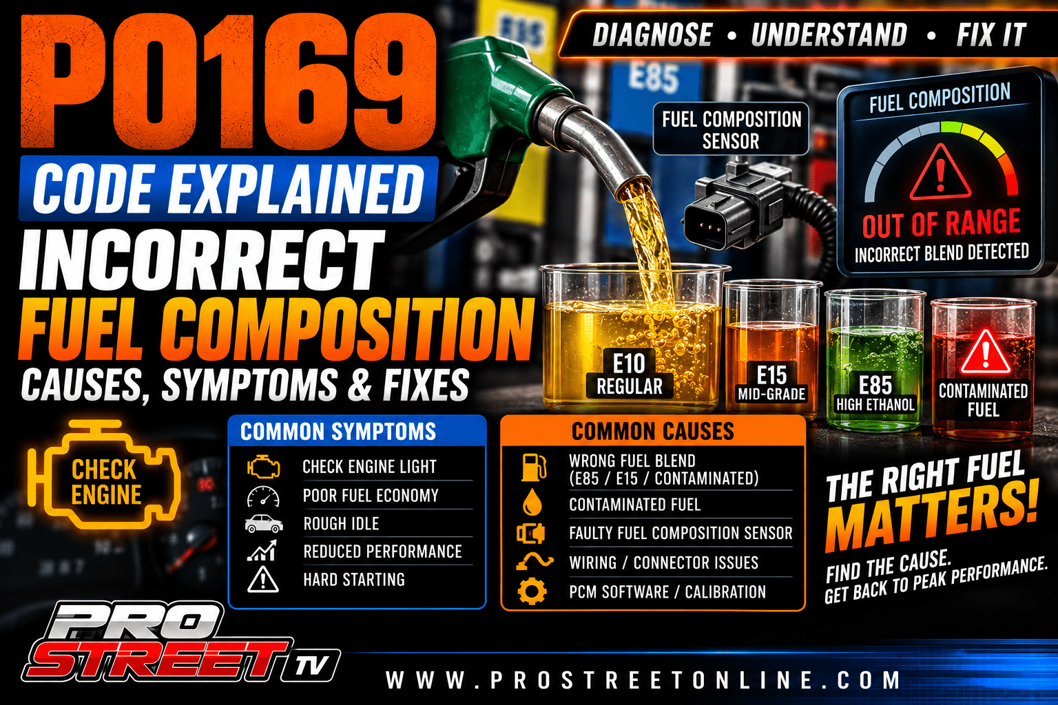 P0169 code illustration showing a fuel composition sensor measuring ethanol content, contaminated fuel warning, Check Engine Light, Pro Street TV logo, and www.ProStreetOnline.com.