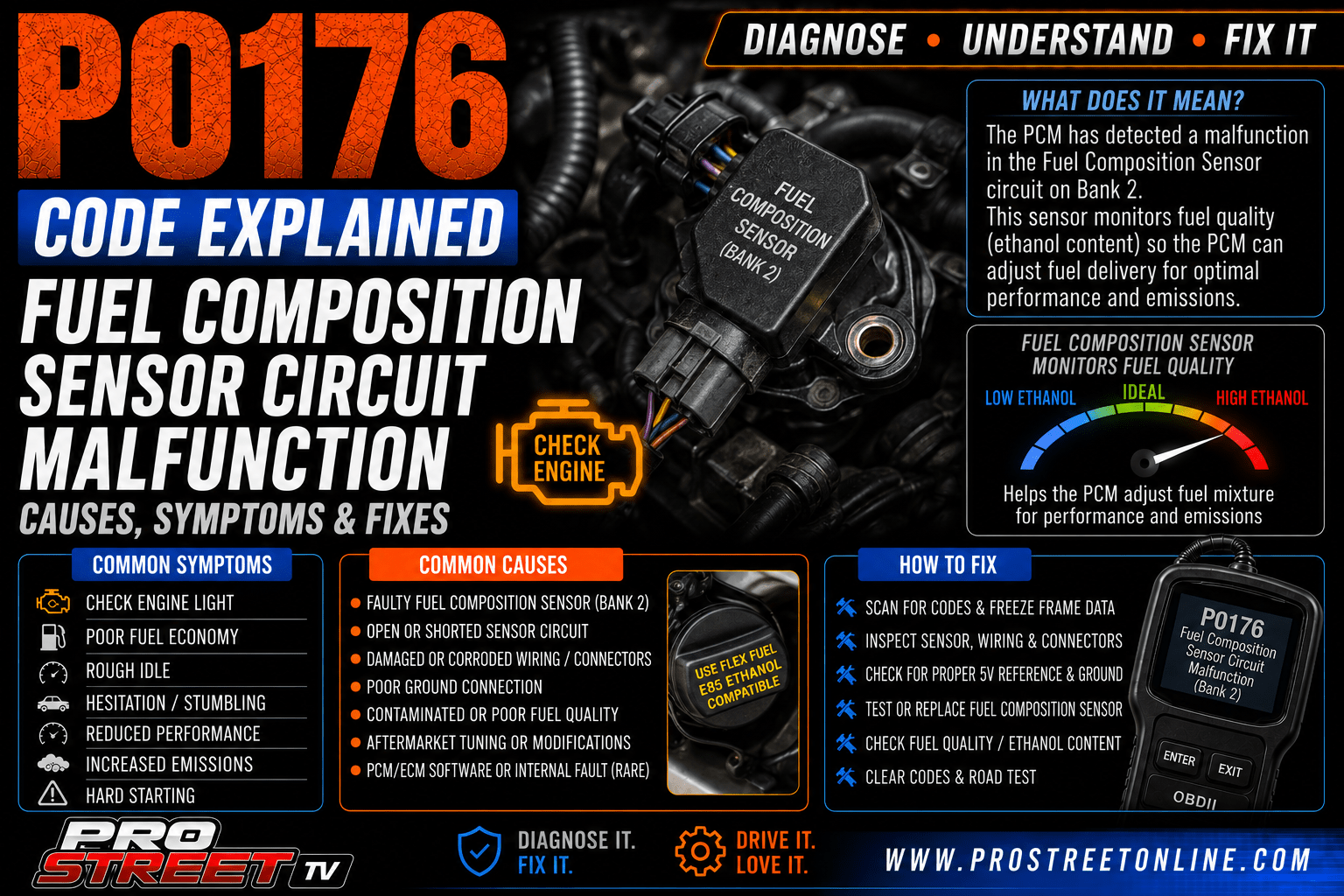 P0176 code illustration showing a Fuel Composition Sensor, ethanol fuel, wiring harness, electrical connector, Check Engine Light, Pro Street TV logo, and www.ProStreetOnline.com.