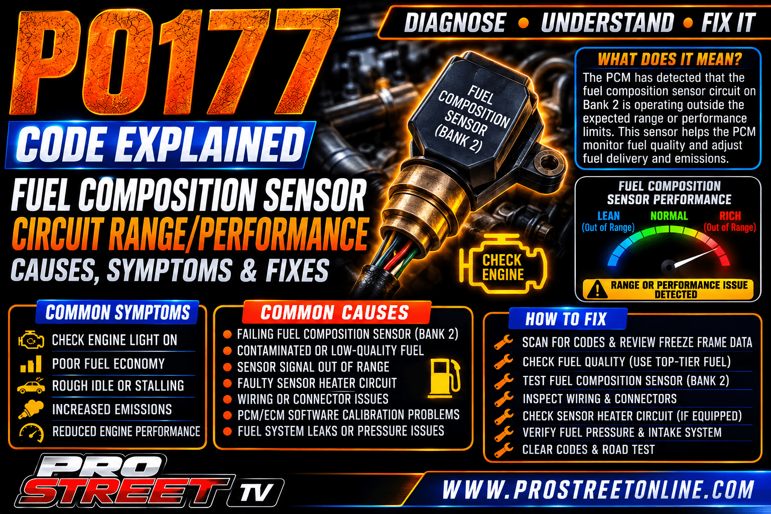 P0177 code illustration showing a Fuel Composition Sensor, ethanol percentage display, flex-fuel system, wiring harness, Check Engine Light, Pro Street TV logo, and www.ProStreetOnline.com.