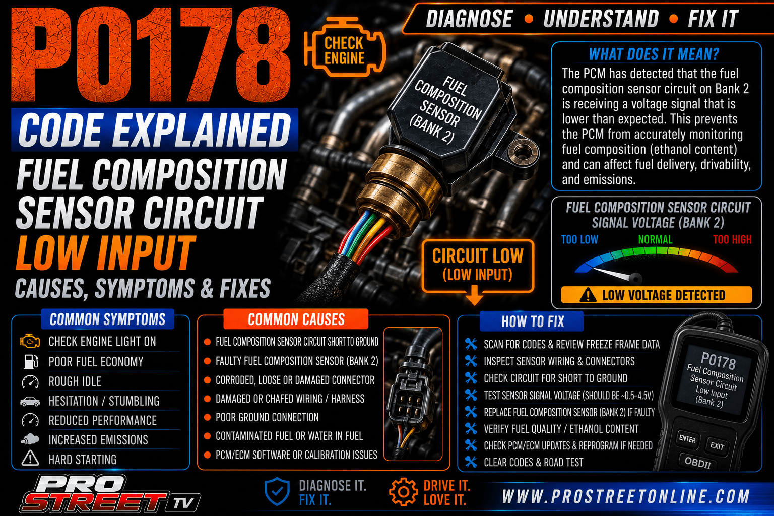 P0178 code illustration showing a Fuel Composition Sensor with a weak signal, wiring harness, electrical connector, low-voltage indicator, Check Engine Light, Pro Street TV logo, and www.ProStreetOnline.com.