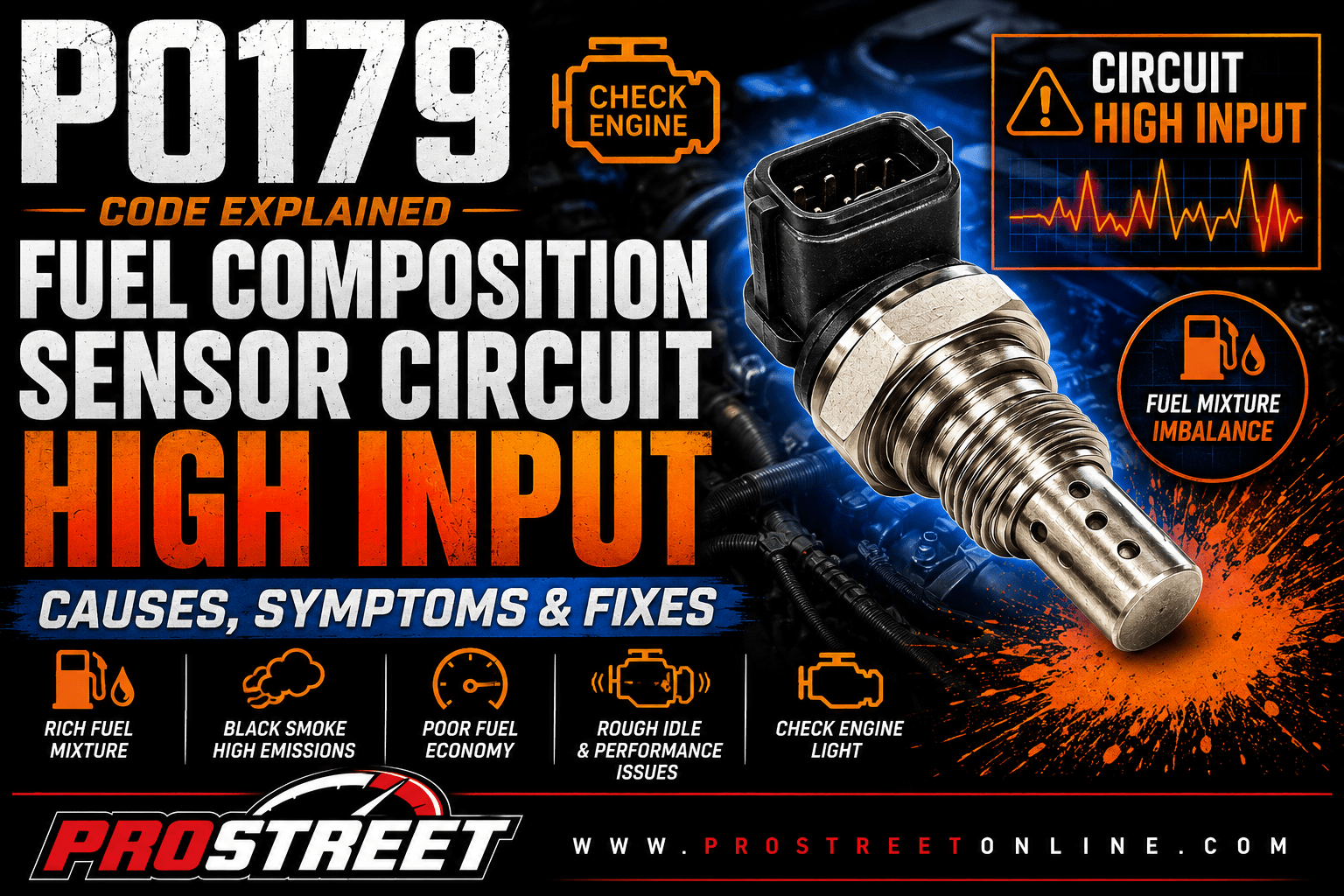 P0179 code illustration showing a Fuel Composition Sensor with a high signal output, wiring harness, electrical connector, high-voltage indicator, Check Engine Light, Pro Street TV logo, and www.ProStreetOnline.com.