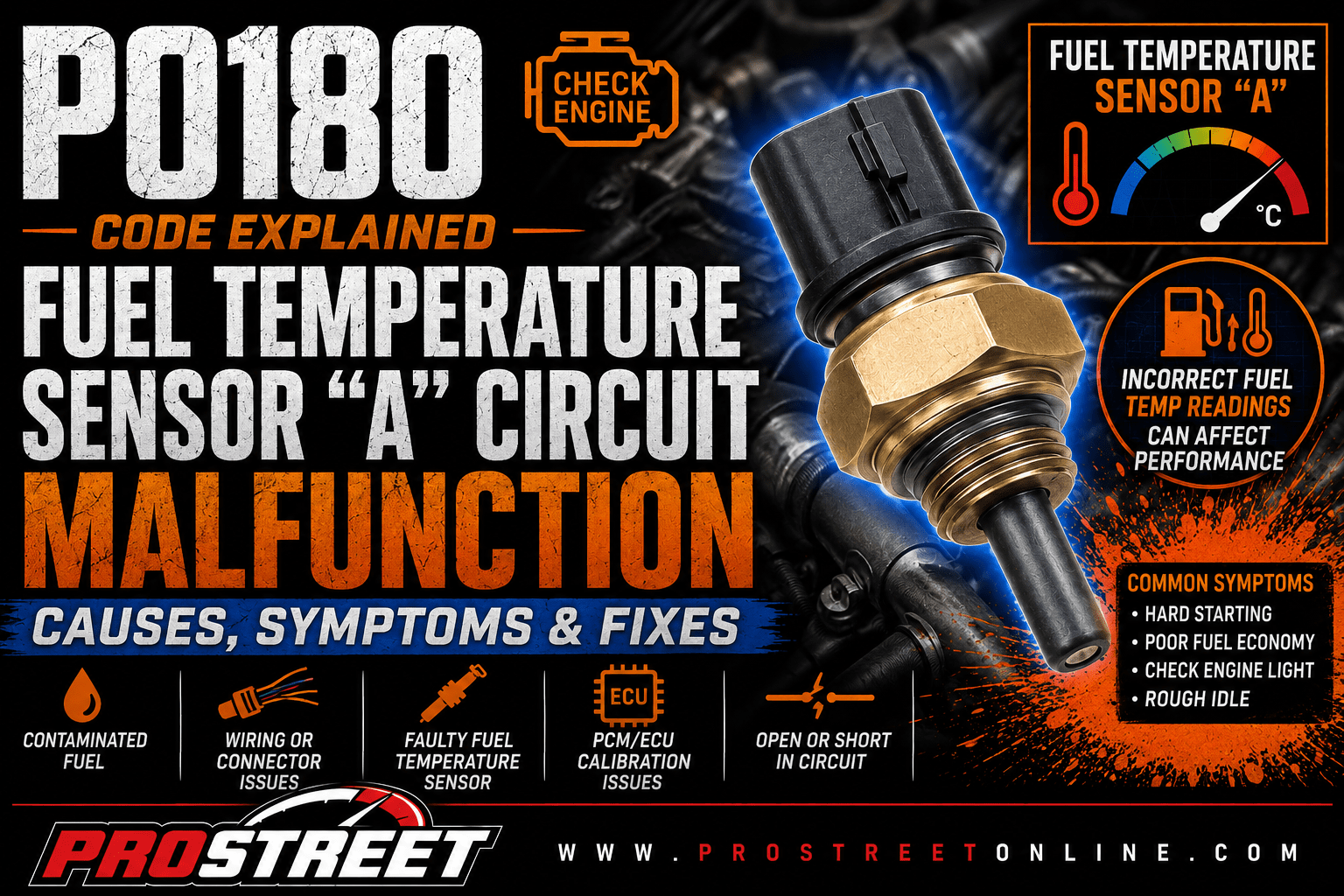 P0180 code illustration showing a Fuel Temperature Sensor "A", fuel rail, wiring harness, electrical connector, Check Engine Light, Pro Street TV logo, and www.ProStreetOnline.com.