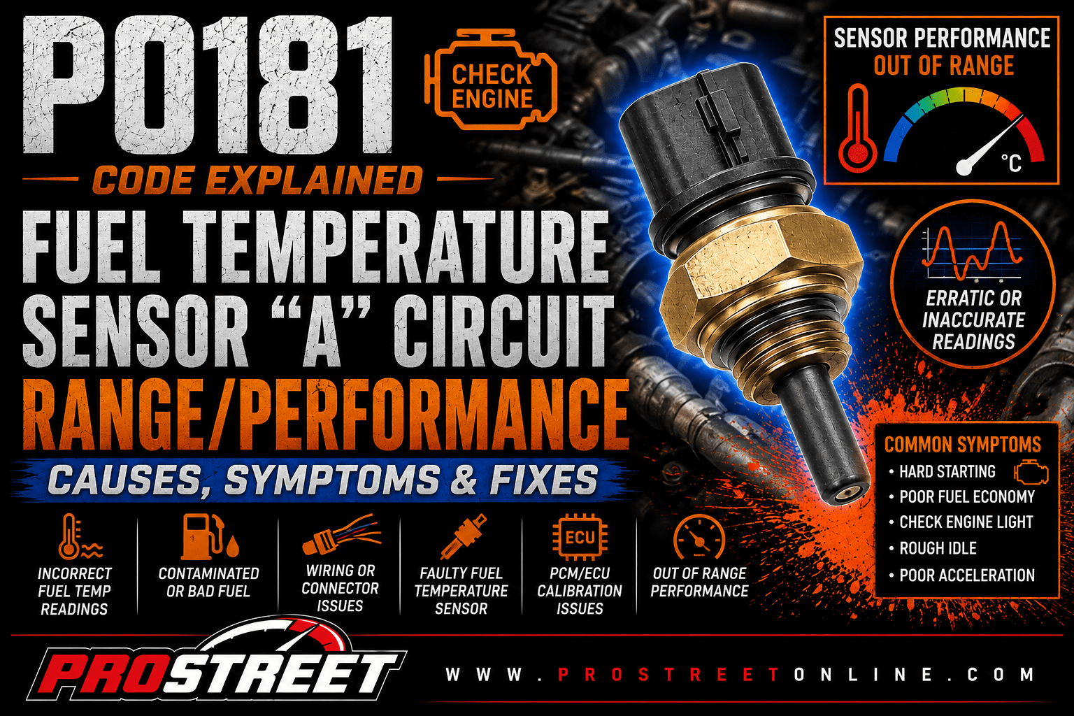 P0181 code illustration showing a Fuel Temperature Sensor "A", fuel rail, thermistor, wiring harness, temperature gauge, Check Engine Light, Pro Street TV logo, and www.ProStreetOnline.com.
