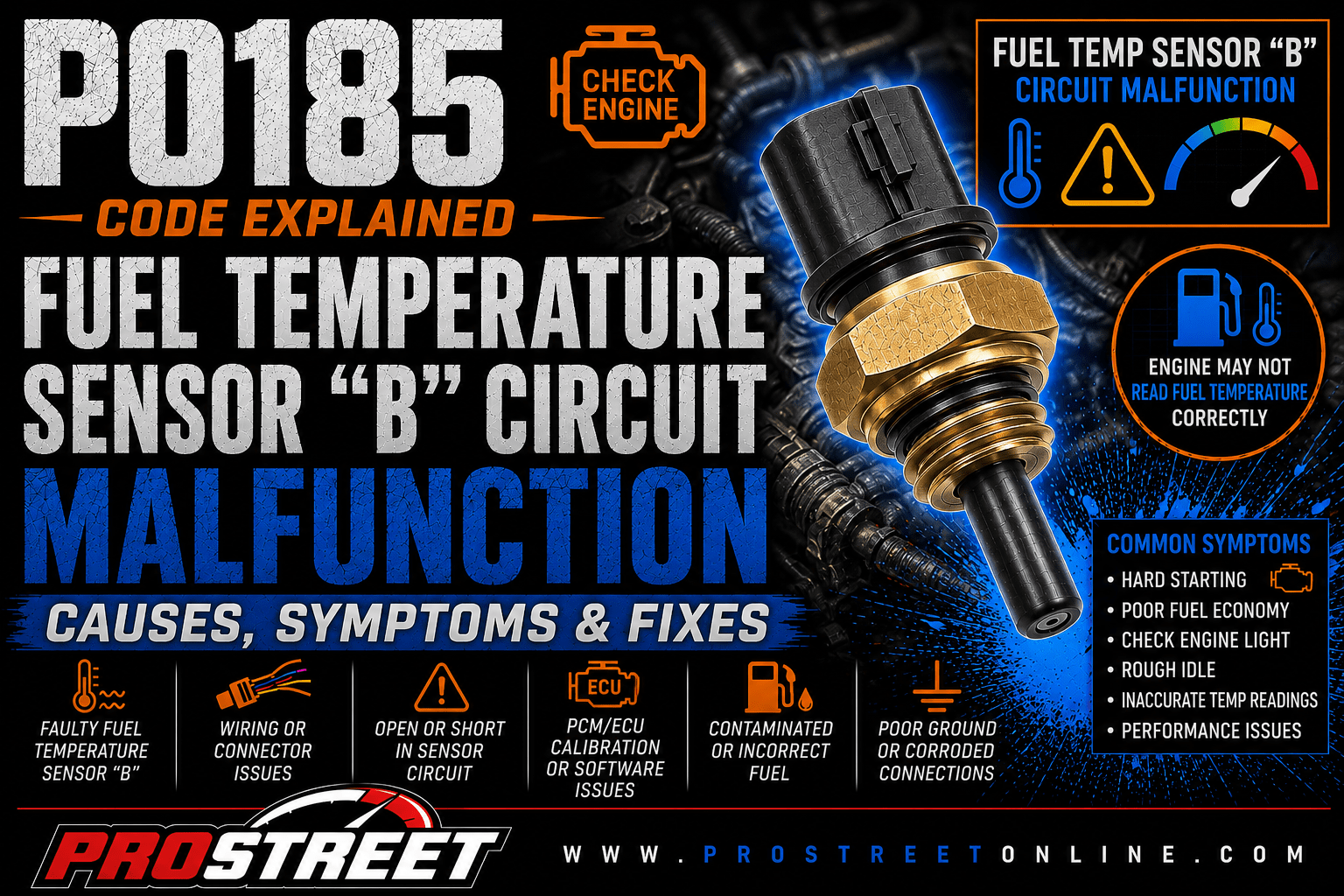 P0185 code illustration showing Fuel Temperature Sensor "B", damaged wiring, electrical circuit warning, Check Engine Light, Pro Street TV logo, and www.ProStreetOnline.com.
