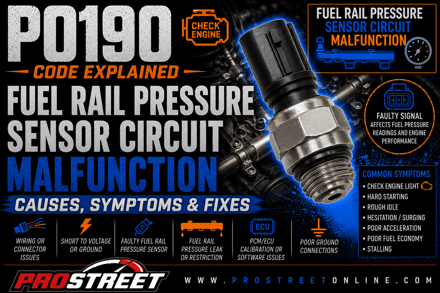 P0190 code illustration showing a Fuel Rail Pressure Sensor mounted on the fuel rail, high-pressure fuel system, Check Engine Light, Pro Street TV logo, and www.ProStreetOnline.com.