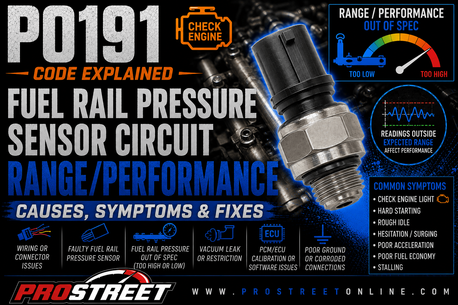 P0191 code illustration showing a Fuel Rail Pressure Sensor, high-pressure fuel rail, commanded vs actual fuel pressure comparison, Check Engine Light, Pro Street TV logo, and www.ProStreetOnline.com.