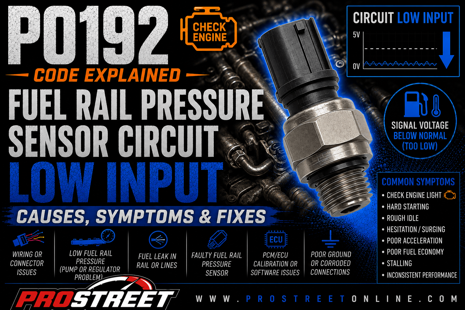P0192 code illustration showing a Fuel Rail Pressure Sensor with a low-voltage signal, 5-volt reference circuit, Check Engine Light, Pro Street TV logo, and www.ProStreetOnline.com.