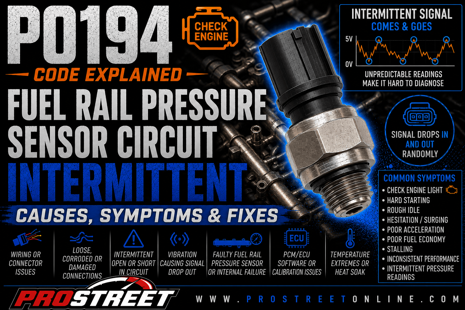 P0194 code illustration showing an intermittent Fuel Rail Pressure Sensor signal, fluctuating waveform, Check Engine Light, Pro Street TV logo, and www.ProStreetOnline.com.