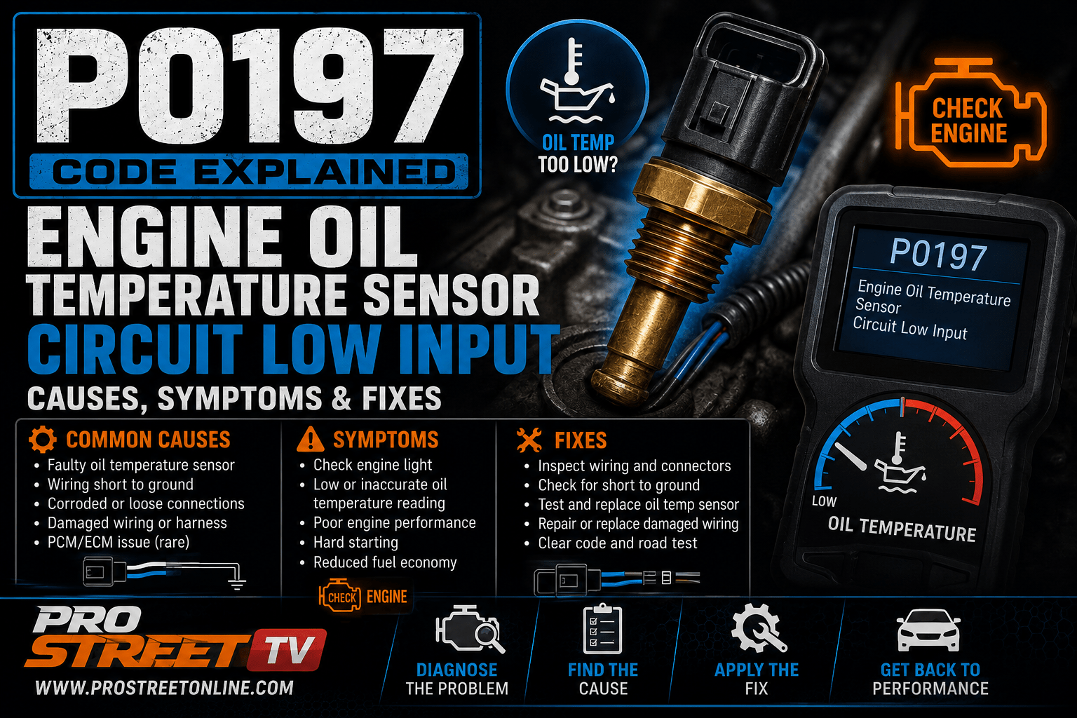 Illustration showing a low-voltage Engine Oil Temperature Sensor signal triggering the P0197 diagnostic trouble code.