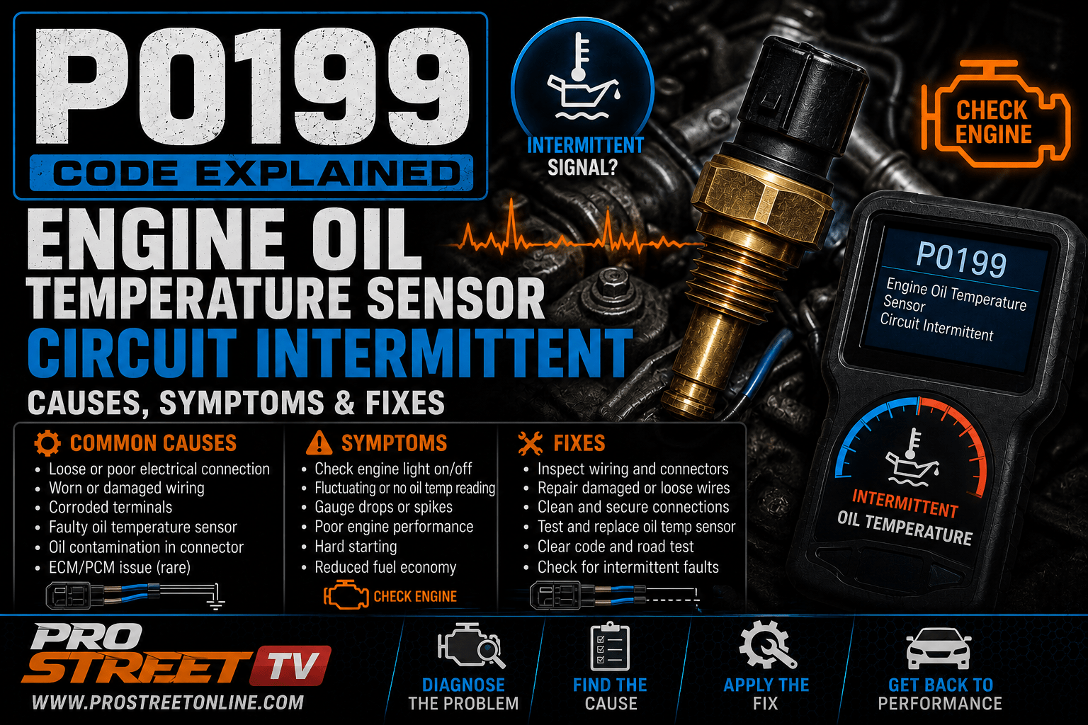 P0199 code illustration showing an Engine Oil Temperature Sensor with an intermittent electrical signal, damaged wiring, Check Engine Light, Pro Street TV logo, and www.ProStreetOnline.com.