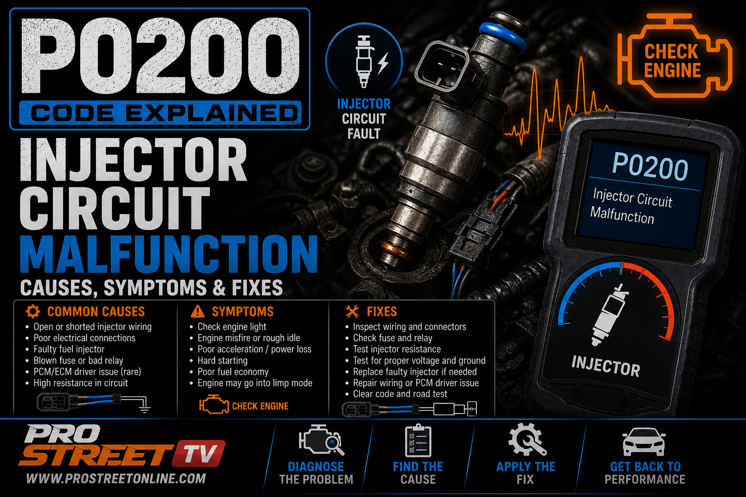P0200 code illustration showing a fuel injector, injector wiring harness, PCM, Check Engine Light, Pro Street TV logo, and www.ProStreetOnline.com.