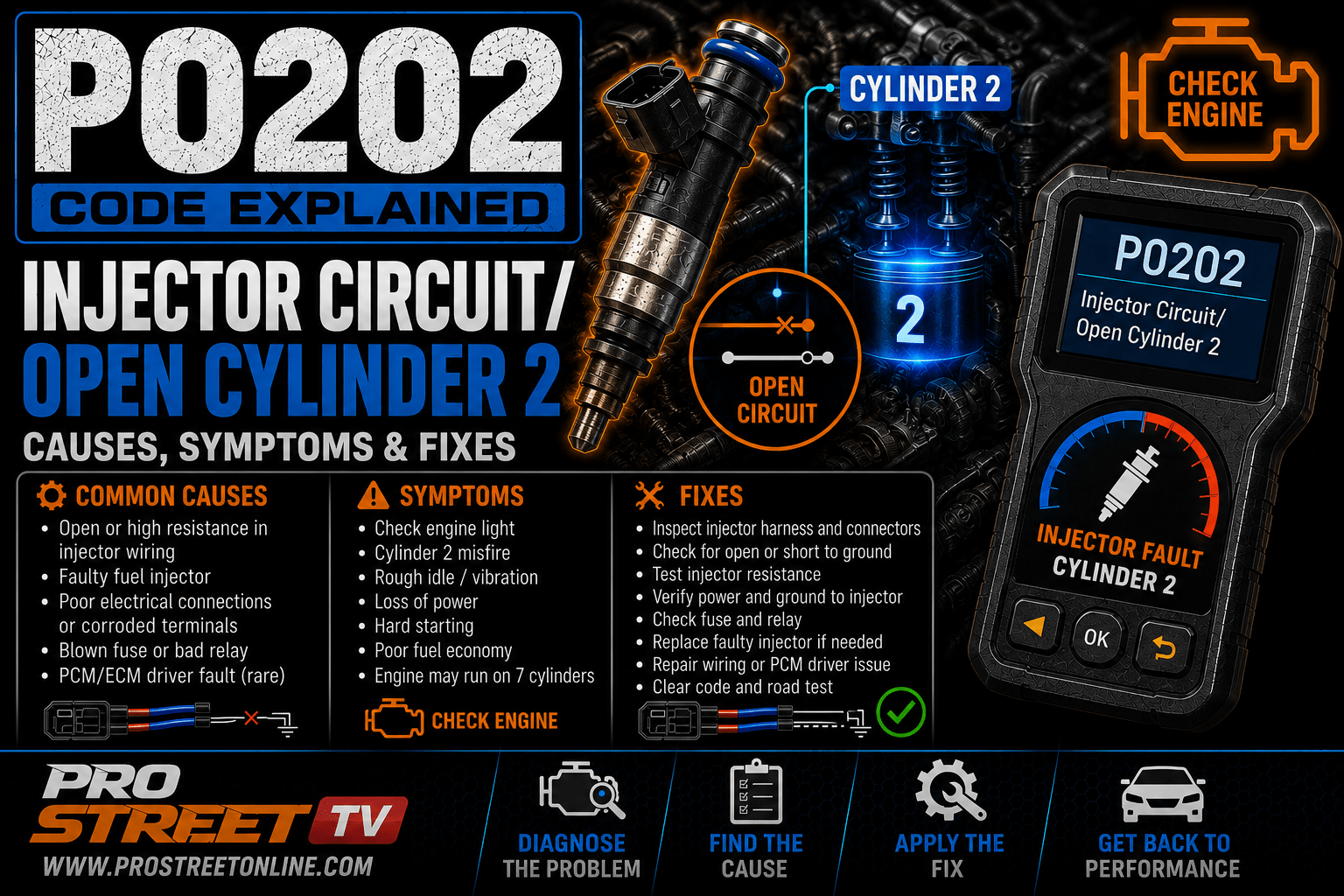 P0202 code illustration showing the Cylinder 2 fuel injector, injector wiring harness, PCM, Check Engine Light, Pro Street TV logo, and www.ProStreetOnline.com.