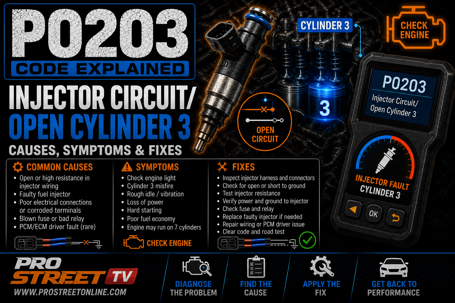 P0203 code illustration showing the Cylinder 3 fuel injector, injector wiring harness, PCM, Check Engine Light, Pro Street TV logo, and www.ProStreetOnline.com.