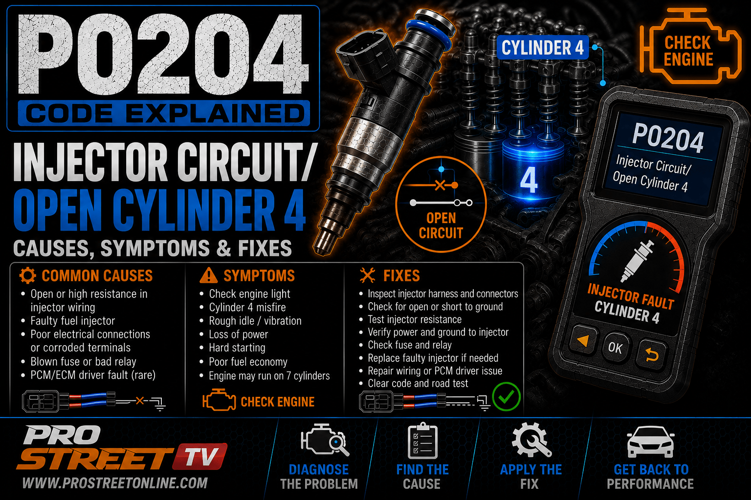 P0204 code illustration showing the Cylinder 4 fuel injector, injector wiring harness, PCM, Check Engine Light, Pro Street TV logo, and www.ProStreetOnline.com.