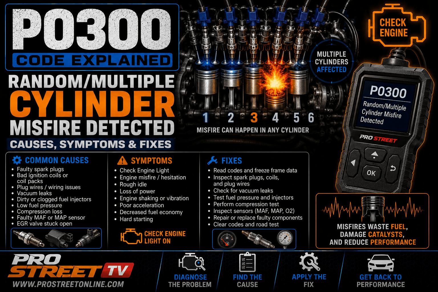 P0300 code illustration showing multiple engine cylinders misfiring, ignition coils, spark plugs, Check Engine Light, Pro Street TV logo, and www.ProStreetOnline.com.
