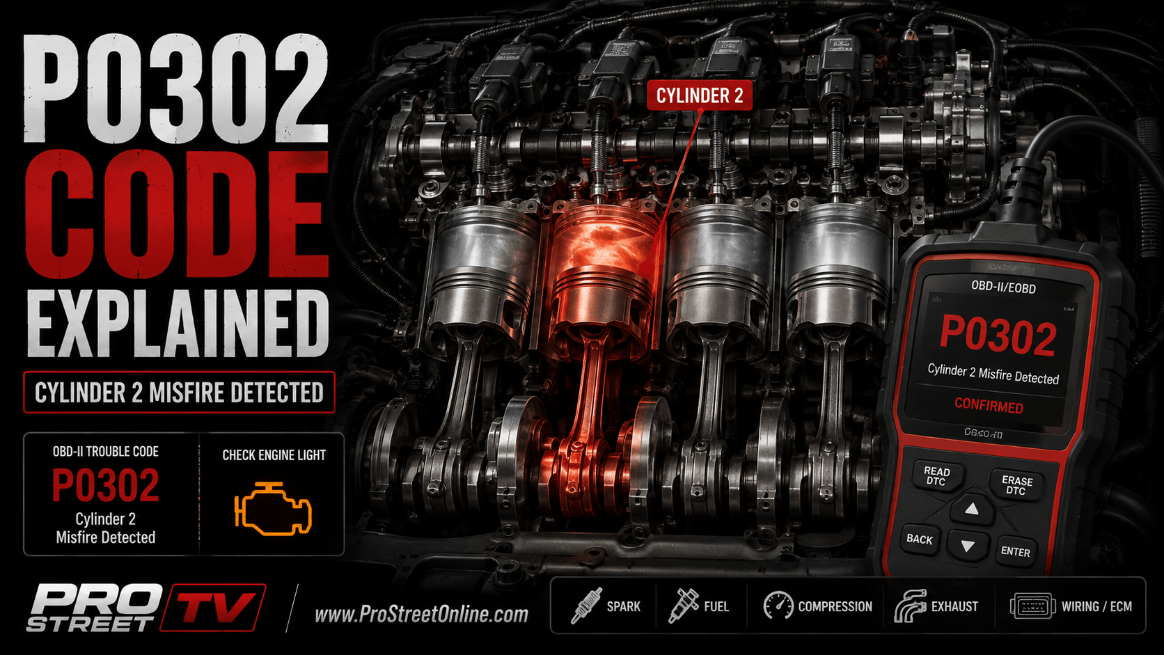 P0302 identifies a misfire associated with Cylinder 2 but does not identify which component failed.