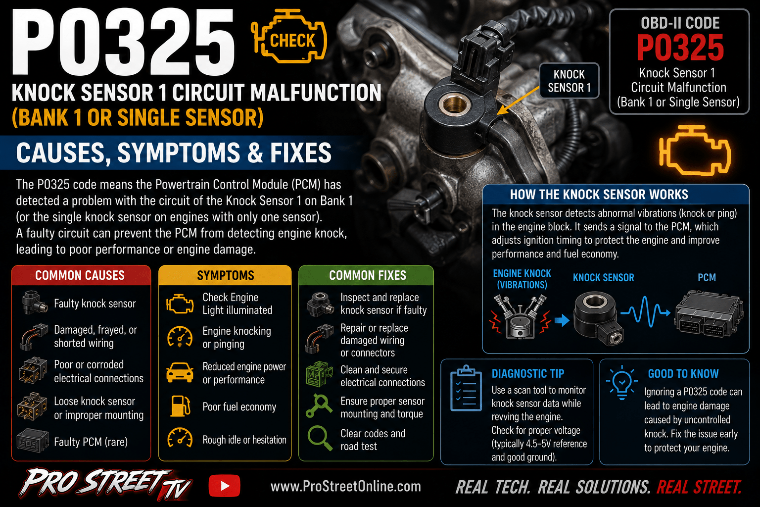 P0325 code illustration showing a knock sensor mounted to an engine block with ignition timing graphics, Check Engine Light, Pro Street TV logo, and www.ProStreetOnline.com.