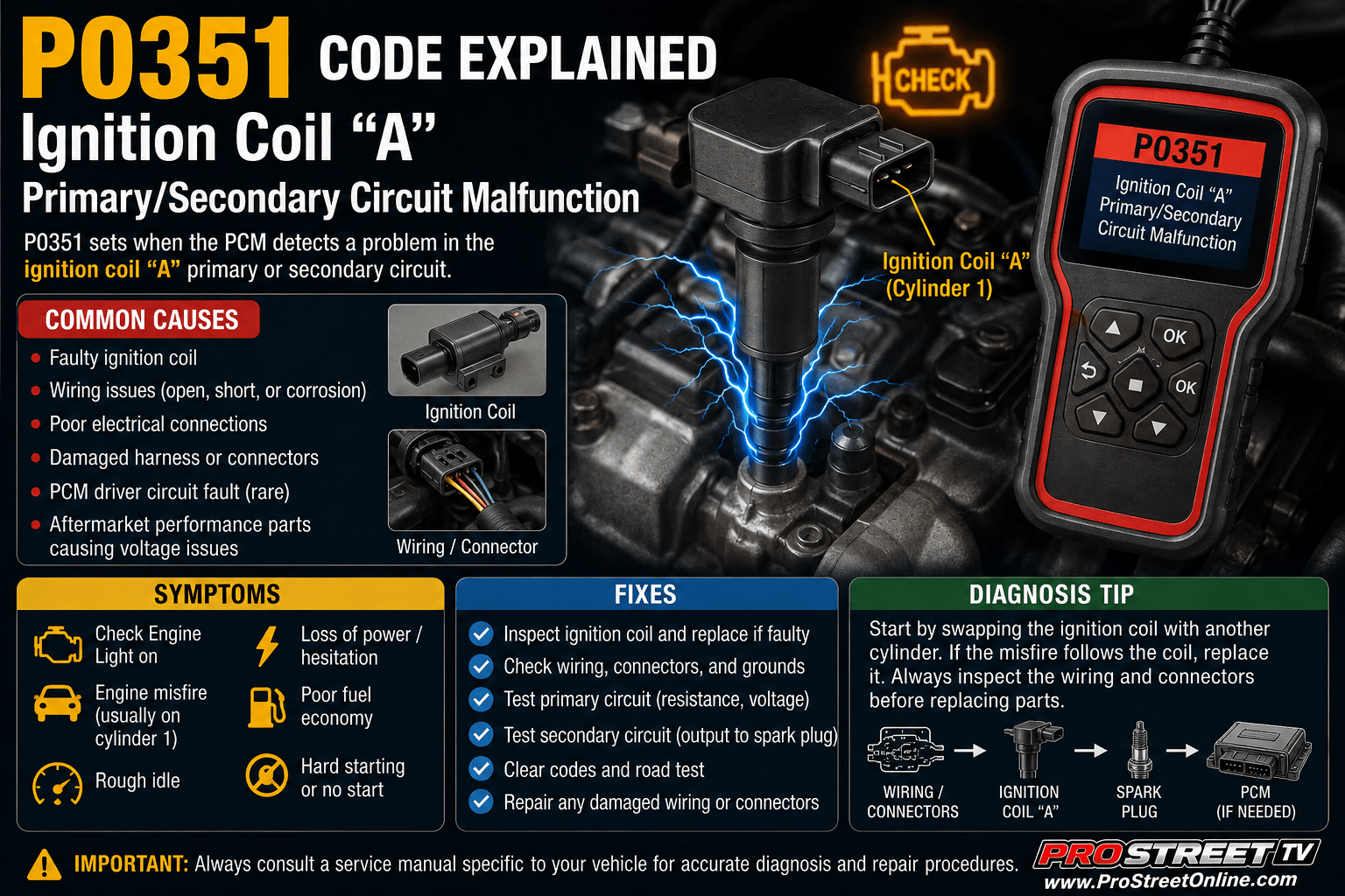 P0351 code illustration showing Ignition Coil "A", spark plug, ignition wiring, Check Engine Light, Pro Street TV logo, and www.ProStreetOnline.com.