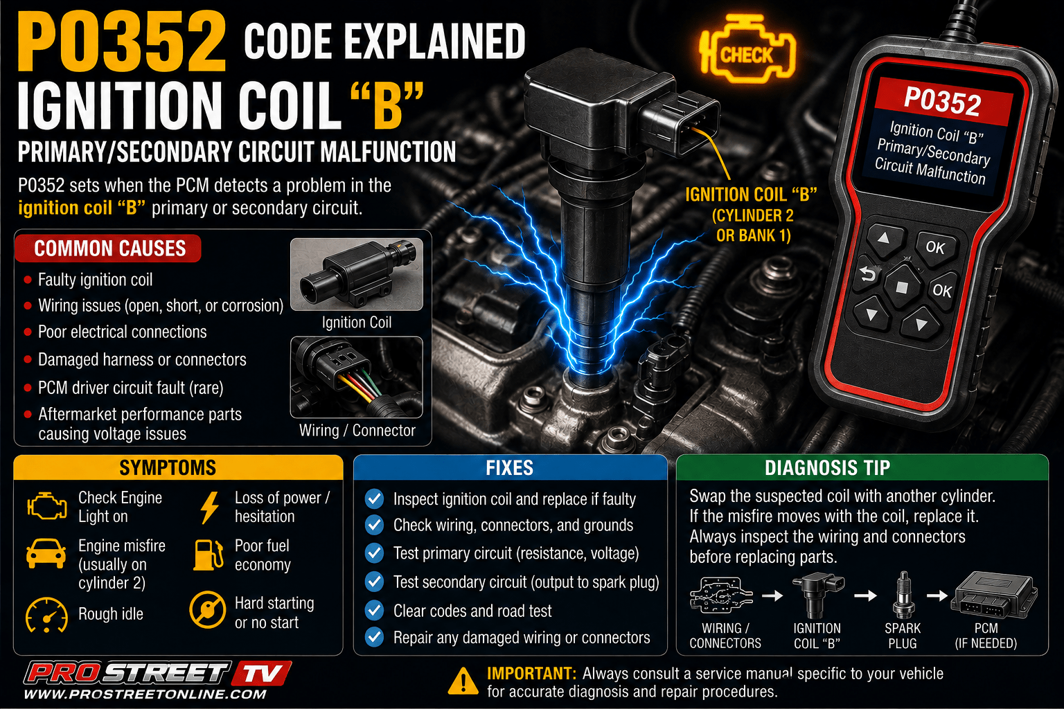 P0352 code illustration showing Ignition Coil "B", spark plug, ignition wiring, Check Engine Light, Pro Street TV logo, and www.ProStreetOnline.com.