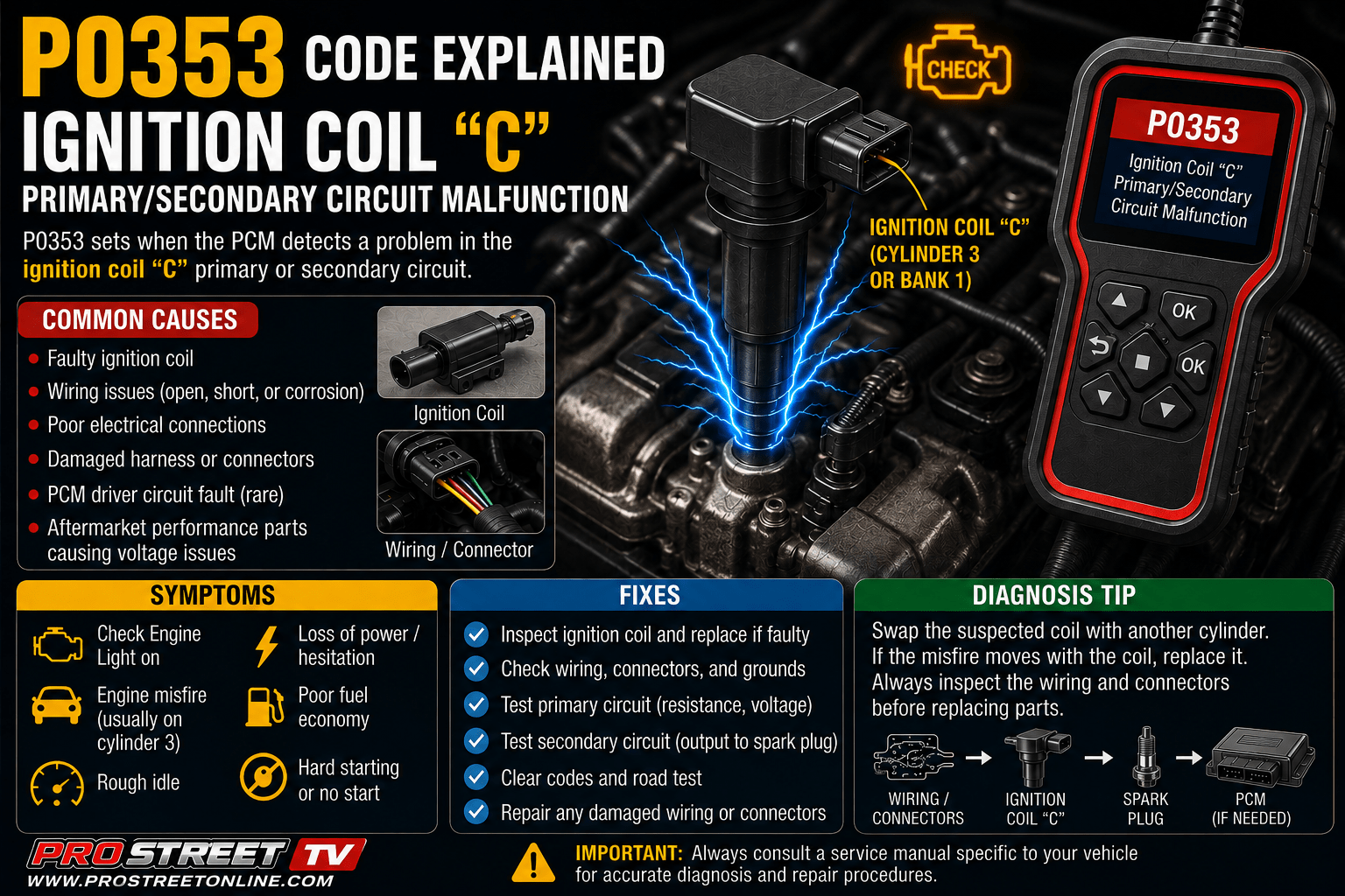P0353 code illustration showing Ignition Coil "C", Cylinder 3 spark plug, ignition wiring, Check Engine Light, Pro Street TV logo, and www.ProStreetOnline.com.