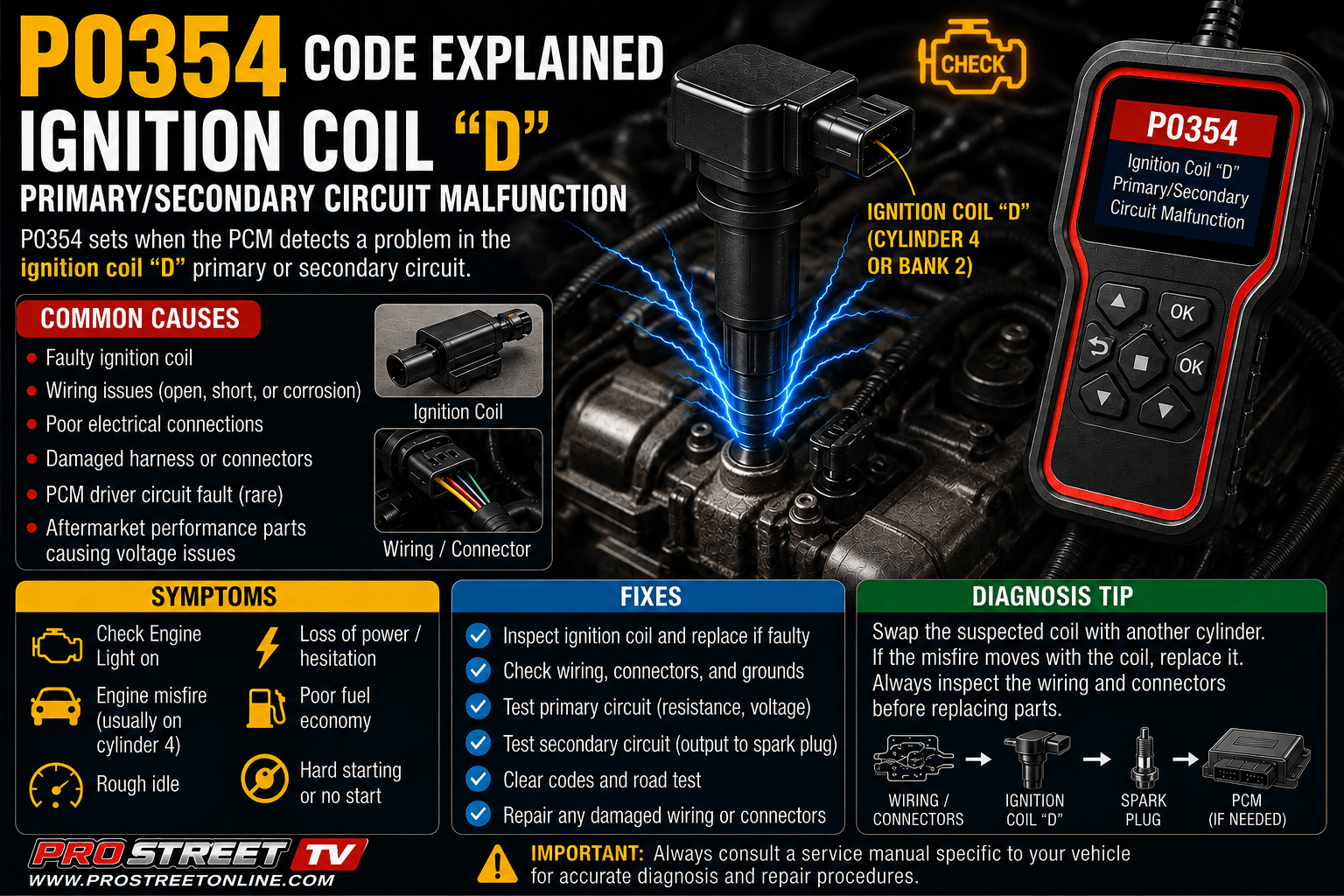 P0354 code illustration showing Ignition Coil "D", Cylinder 4 spark plug, ignition wiring, Check Engine Light, Pro Street TV logo, and www.ProStreetOnline.com.