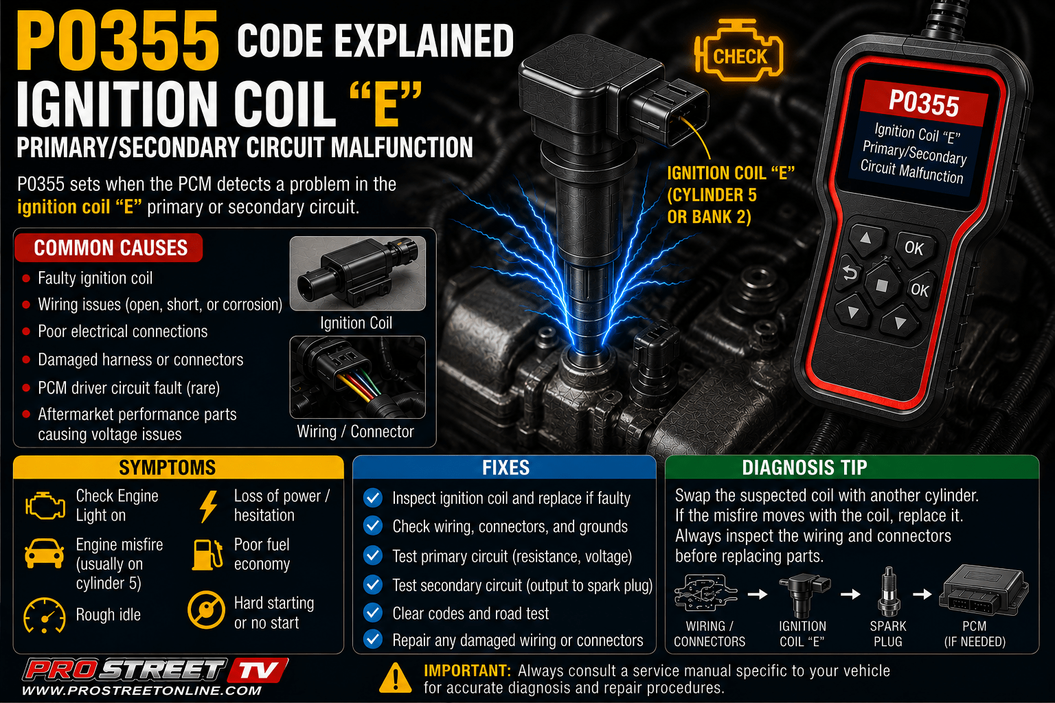 P0355 code illustration showing Ignition Coil "E", Cylinder 5 spark plug, ignition wiring, Check Engine Light, Pro Street TV logo, and www.ProStreetOnline.com.