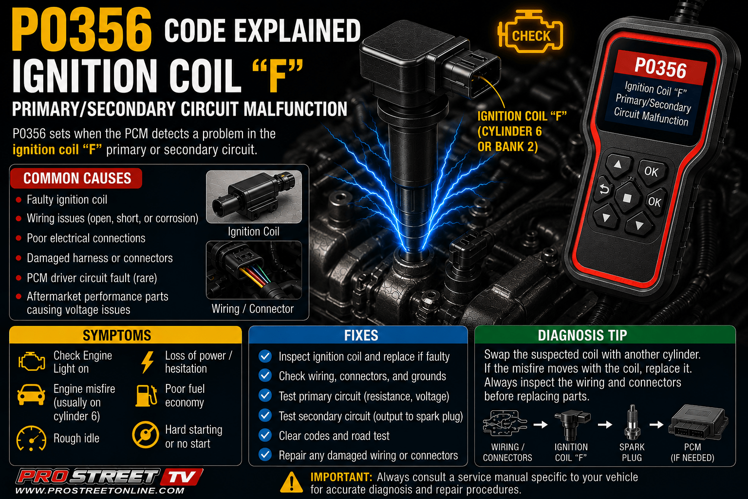 P0356 code illustration showing Ignition Coil "F", Cylinder 6 spark plug, ignition wiring, Check Engine Light, Pro Street TV logo, and www.ProStreetOnline.com.