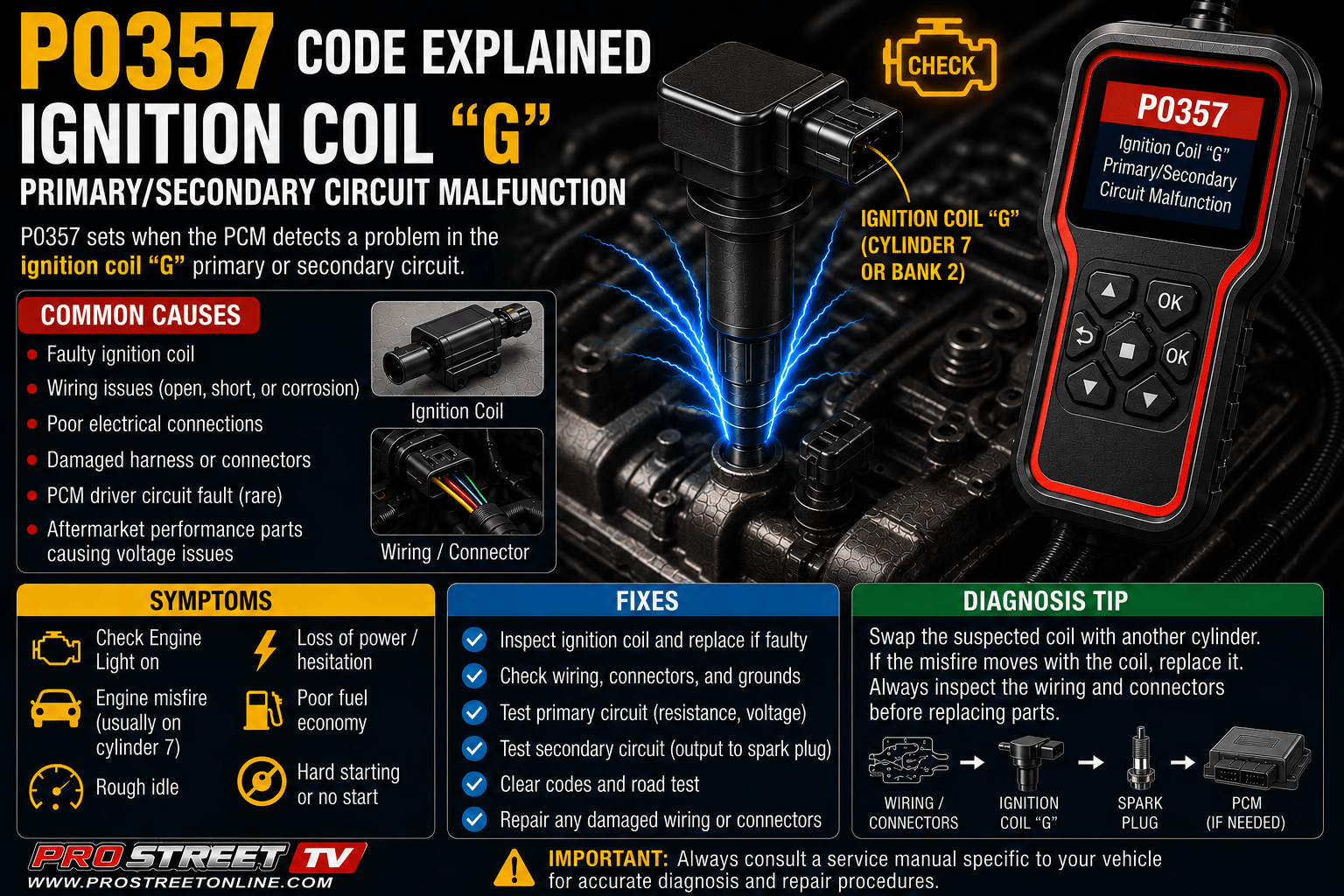 P0357 code illustration showing Ignition Coil "G", Cylinder 7 spark plug, ignition wiring, Check Engine Light, Pro Street TV logo, and www.ProStreetOnline.com.