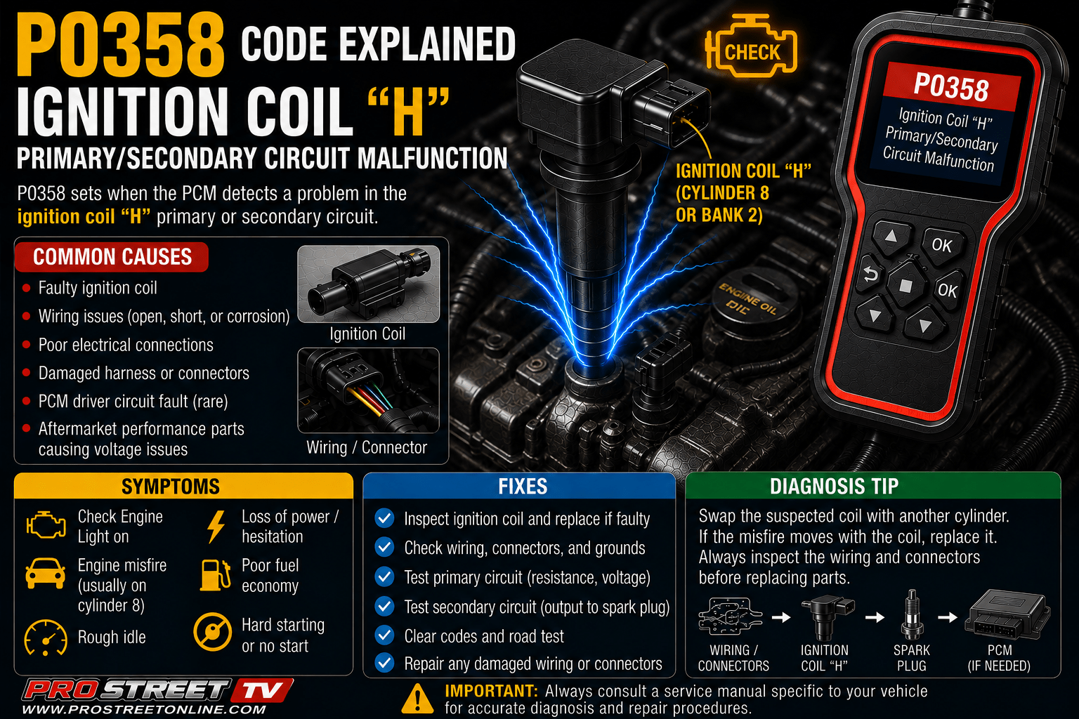 P0358 code illustration showing Ignition Coil "H", Cylinder 8 spark plug, ignition wiring, Check Engine Light, Pro Street TV logo, and www.ProStreetOnline.com.