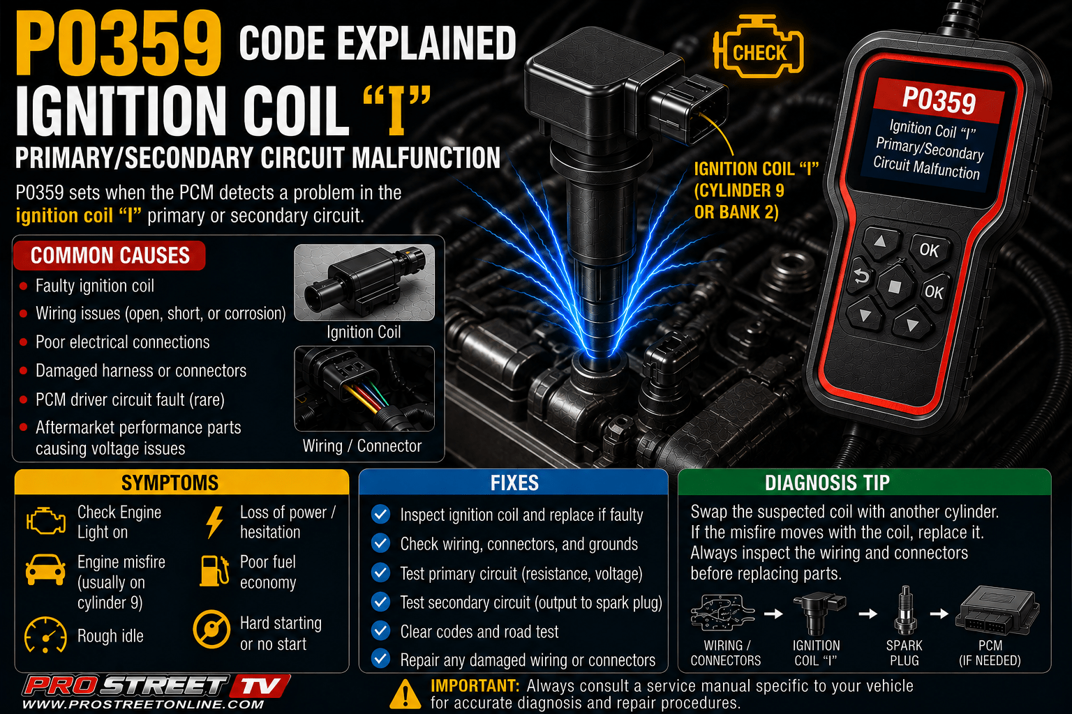 P0359 code illustration showing Ignition Coil "I", Cylinder 9 spark plug, ignition wiring, Check Engine Light, Pro Street TV logo, and www.ProStreetOnline.com.