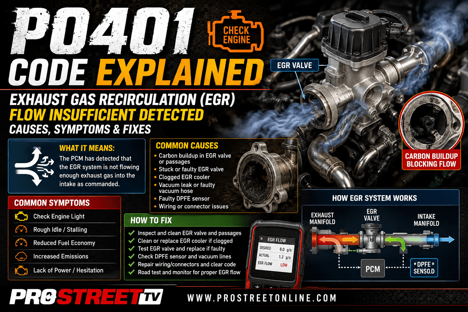P0401 code illustration showing an EGR valve, carbon-clogged EGR passages, intake manifold, Check Engine Light, Pro Street TV logo, and www.ProStreetOnline.com.