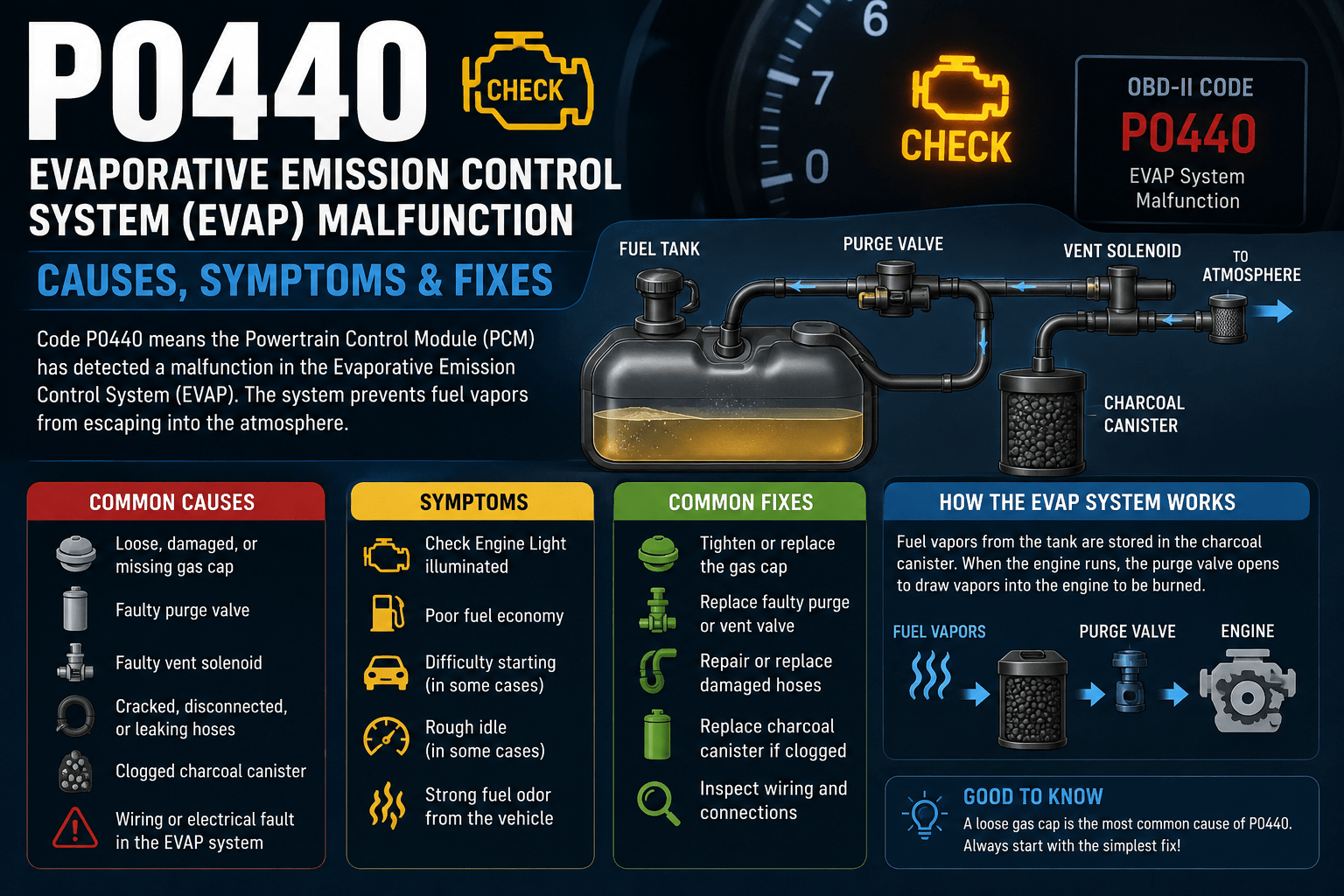 P0440 code illustration showing an EVAP system with a fuel tank, charcoal canister, purge valve, vent valve, fuel cap, Check Engine Light, Pro Street TV logo, and www.ProStreetOnline.com.