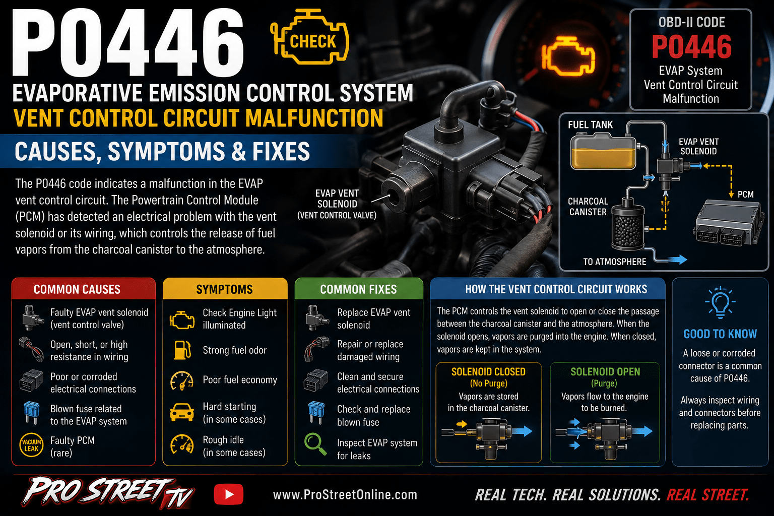 P0446 code illustration showing an EVAP vent valve, charcoal canister, vent filter, vapor lines, Check Engine Light, Pro Street TV logo, and www.ProStreetOnline.com.
