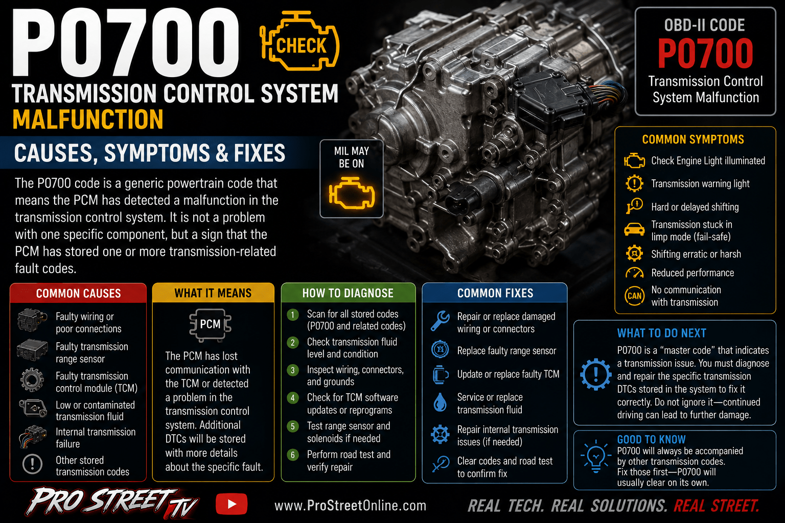 P0700 code illustration showing an automatic transmission, Transmission Control Module (TCM), shift solenoids, valve body, Check Engine Light, Pro Street TV logo, and www.ProStreetOnline.com.