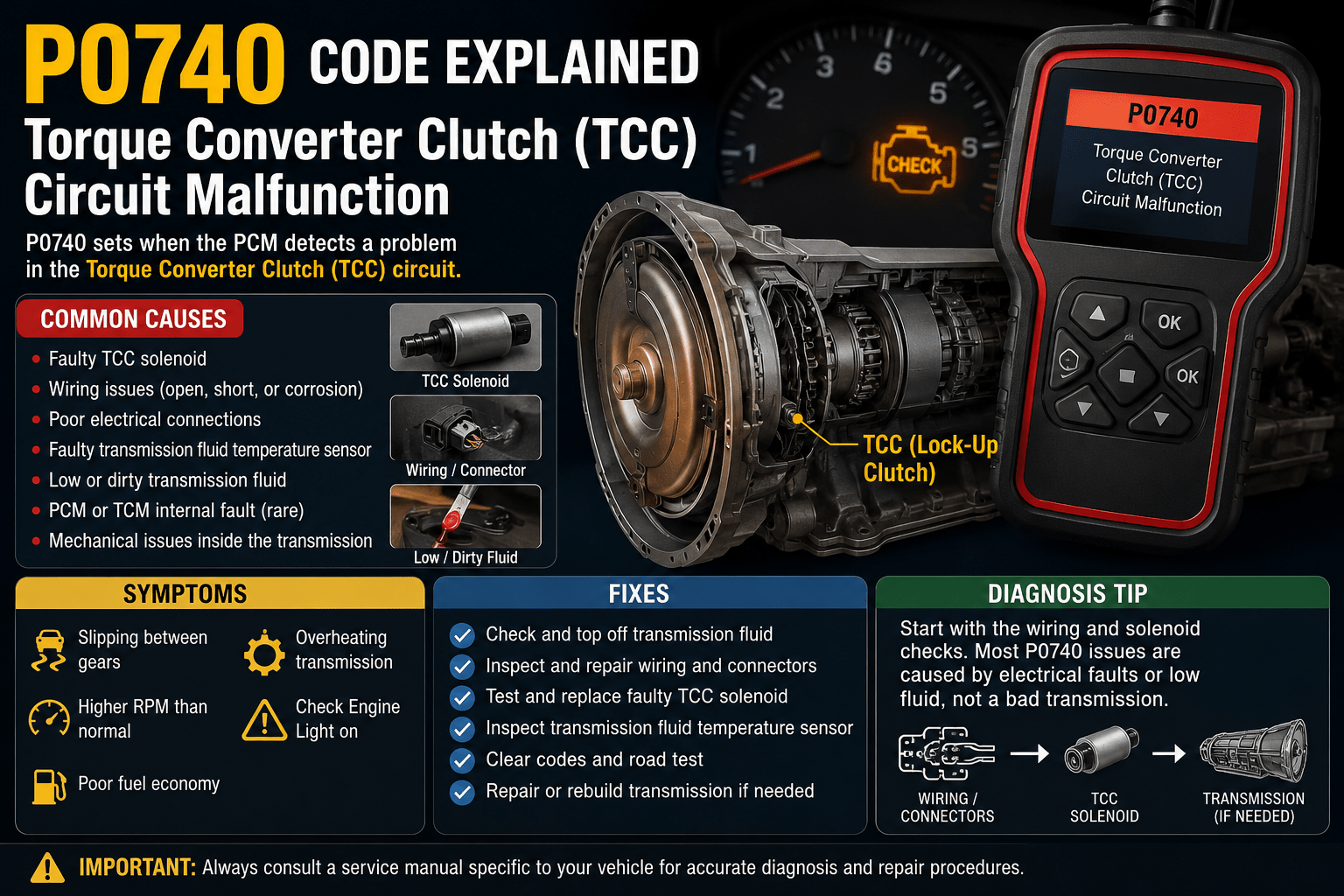 P0740 code illustration showing a torque converter, Torque Converter Clutch (TCC) solenoid, automatic transmission, Check Engine Light, Pro Street TV logo, and www.ProStreetOnline.com.