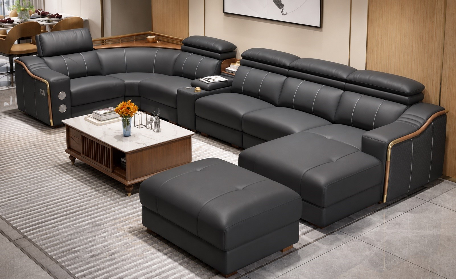 Blue Multifunctional Leather Sectional Sofa / My Aashis
