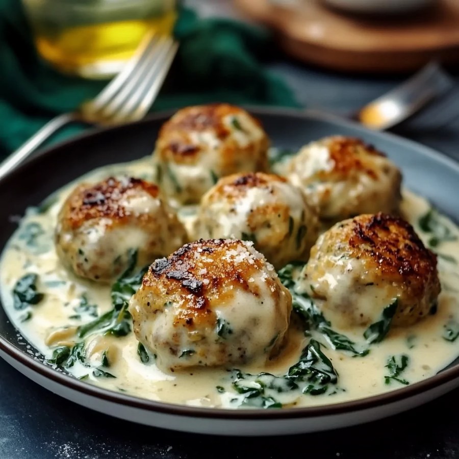 Creamy Chicken Ricotta Meatballs with Spinach Alfredo